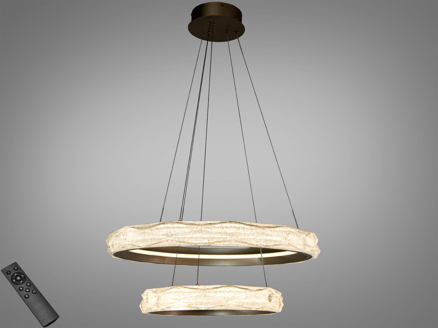 Підвісна LED люстра з 2 кільцями у золоті, 152 Вт, пульт у комплекті. Освітлює до 26 м², текстуровані прозорі дифузори з ефектом льоду.