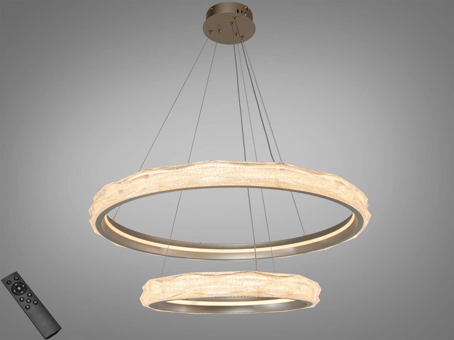 Підвісна LED-люстра Diasha золото 200 Вт з пультом. Дві кільця з текстурою, яскравість регулюється, освітлення до ≈35 м² для вітальні, студії чи їдальні.
