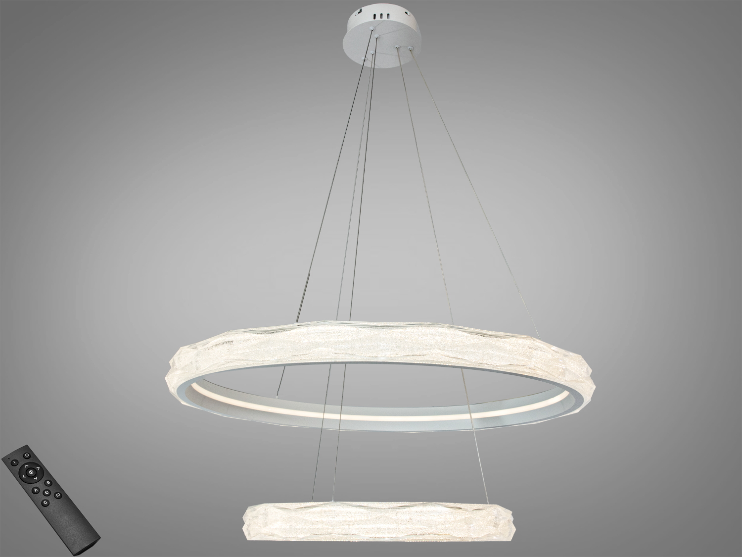 Підвісна LED-люстра Diasha 200 Вт у білому кольорі з двома кільцями та пультом. Орієнтовне освітлення до ~35 м², регульована висота підвісу.