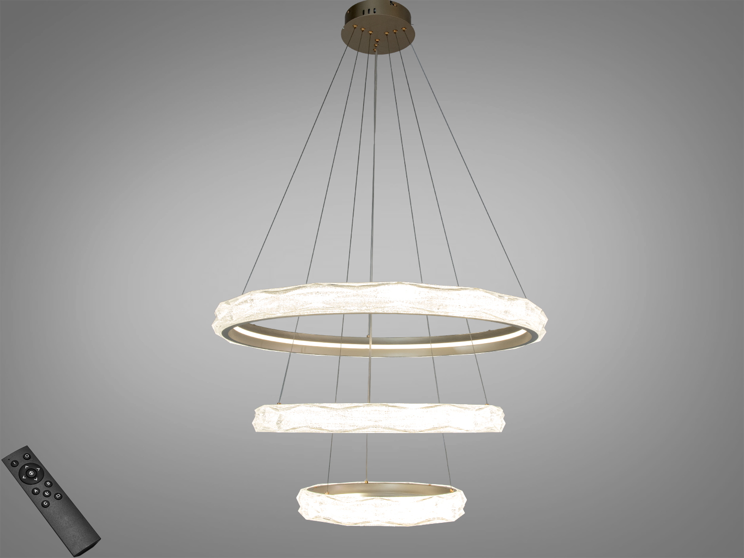 Підвісна LED люстра Diasha, 250 Вт, золото, 3 кільця і пульт. Підходить для освітлення до ≈42 м², доречна для сучасних інтер’єрів і високих стель.
