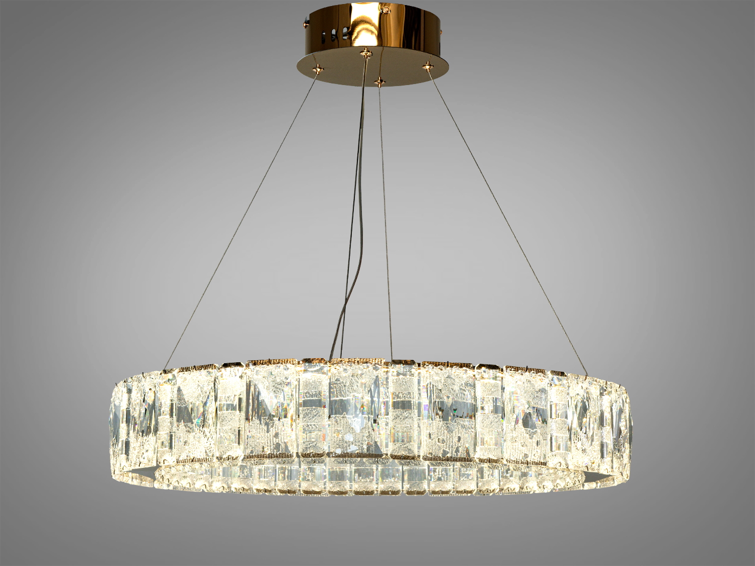 Кругла люстра з кришталевими вставками, підвішена на тросах. Має сучасний дизайн, підходить для інтер′єрів з високими стелями.