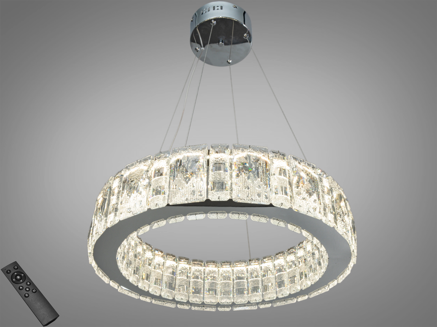 Підвісна кришталева люстра LED, хром, 55 Вт, ~3025 лм. Пульт і настінний вимикач, 3 режими 3200–6500K. Підходить для приміщень до близько 10 м².