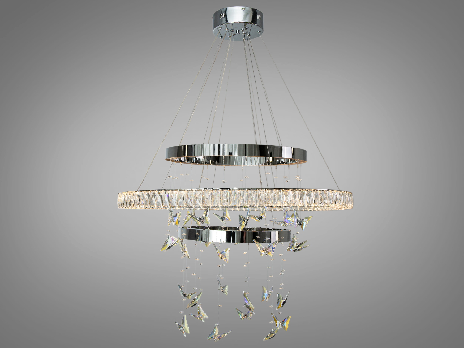 Сучасна кришталева лед люстра з трьома кільцями, прикрашена кришталевими метеликами, підходить для високих стель.