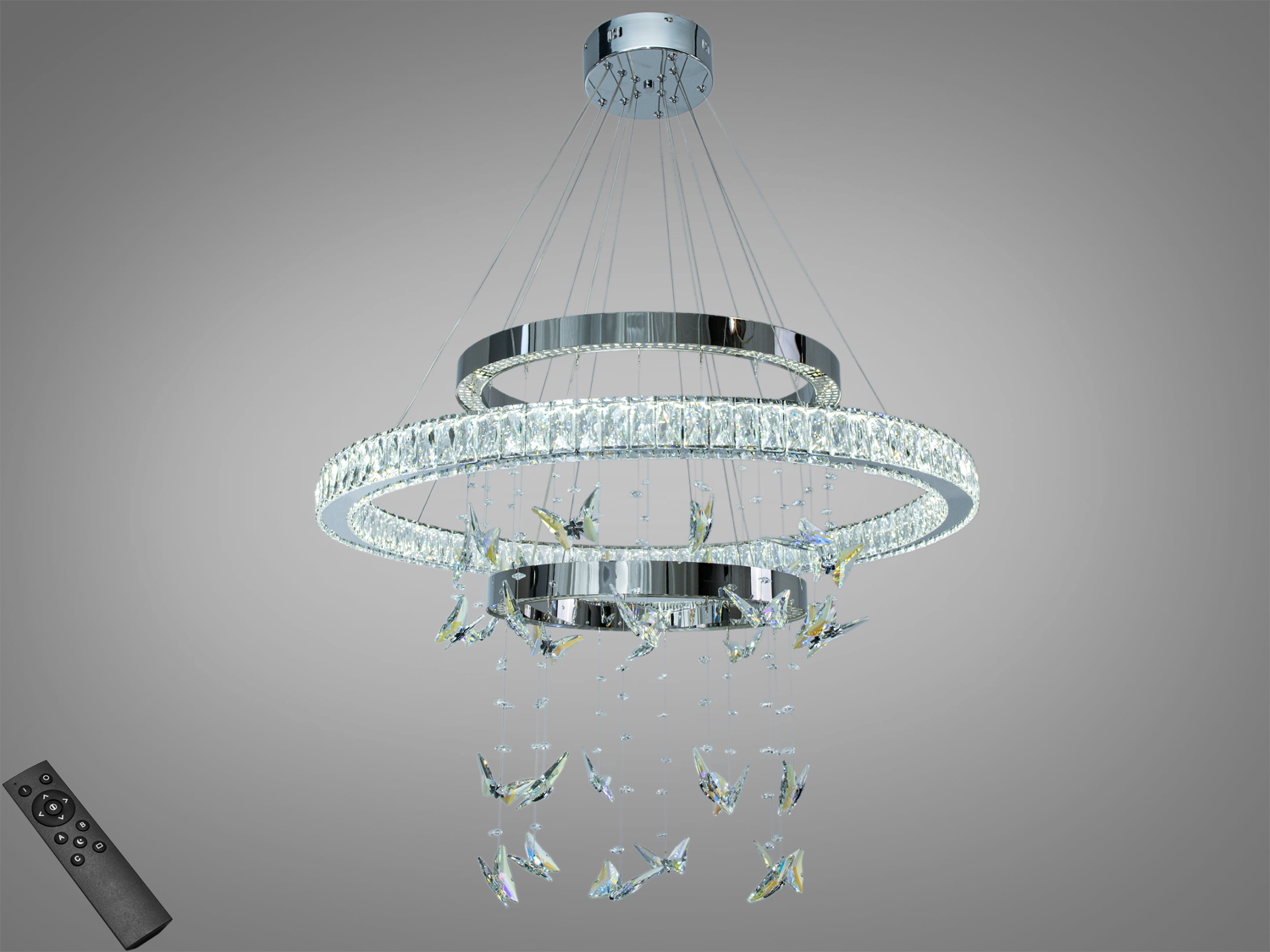 Підвісна кришталева LED люстра в хромі з трьома кільцями та метеликами, 176 Вт, 9680 лм, 3200К/4100К/6500К, пульт і вимикач, регулювання висоти, для до 30 м².