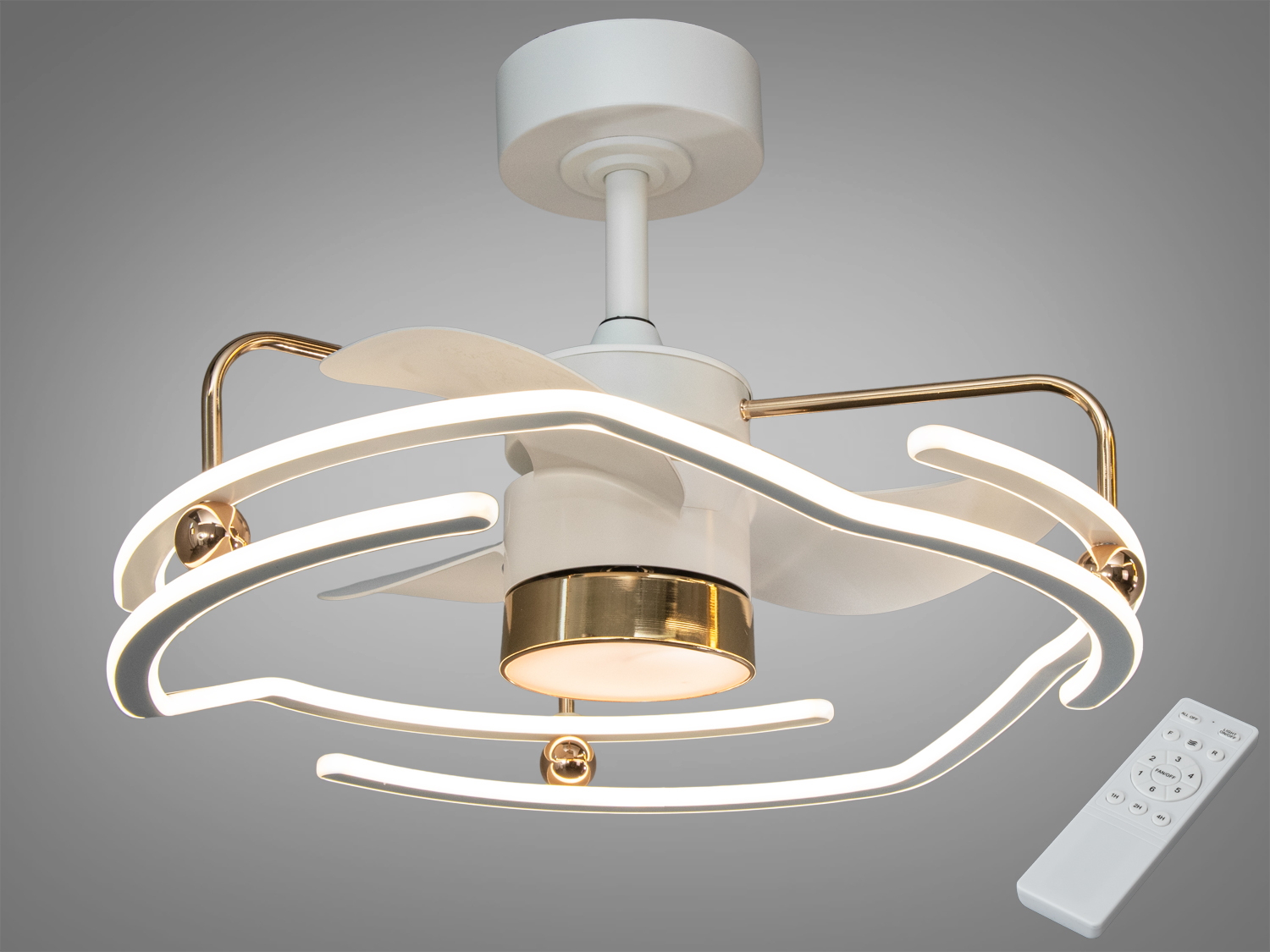 Стельовий вентилятор із вбудованим LED-освітленням, білий корпус, золотисті деталі, дистанційне керування, підходить для сучасного інтер′єру.
