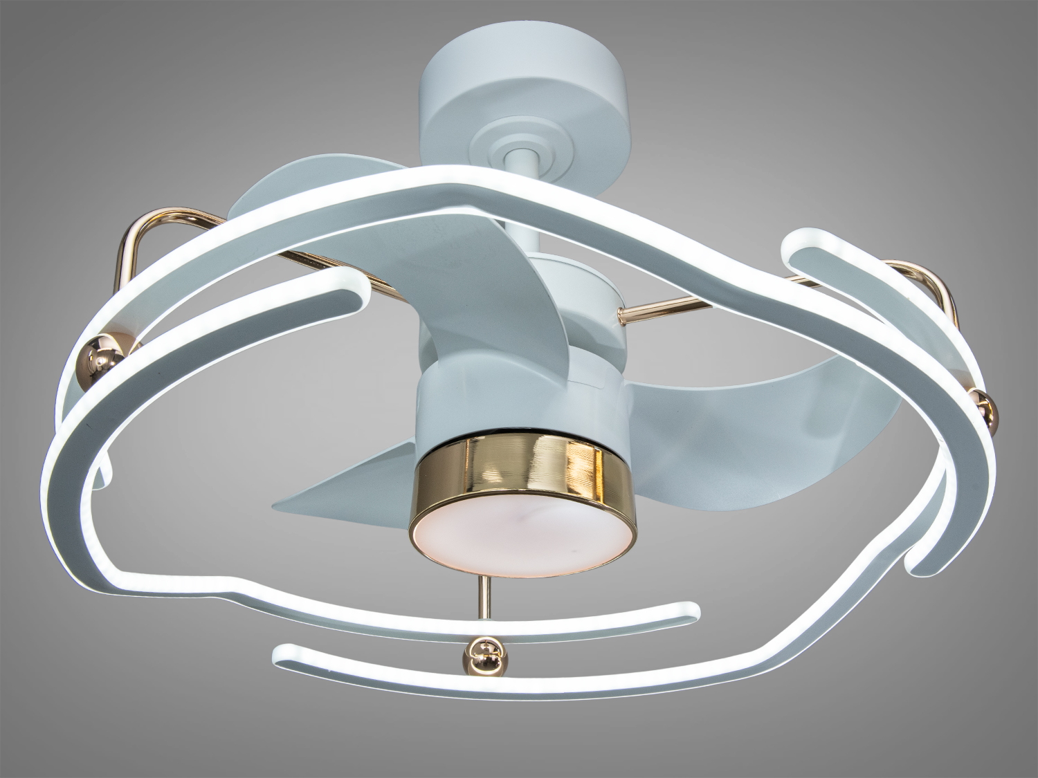 Стельовий вентилятор з LED-освітленням, світло-блакитний корпус, золотисті акценти, дистанційне керування, підходить для сучасного інтер′єру.