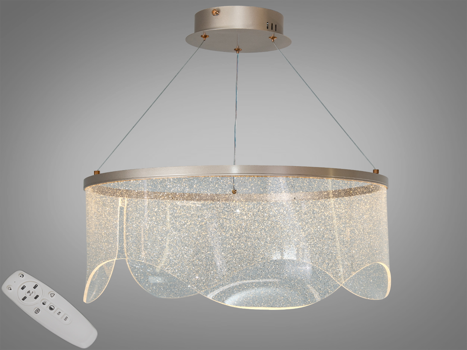 Підвісна LED люстра з пультом, шампань, 42Вт. Змінна CCT 3200/4100/6500К, світловий потік близько 2310 лм, монтаж на планку. Підходить для приміщень до ~7 м².
