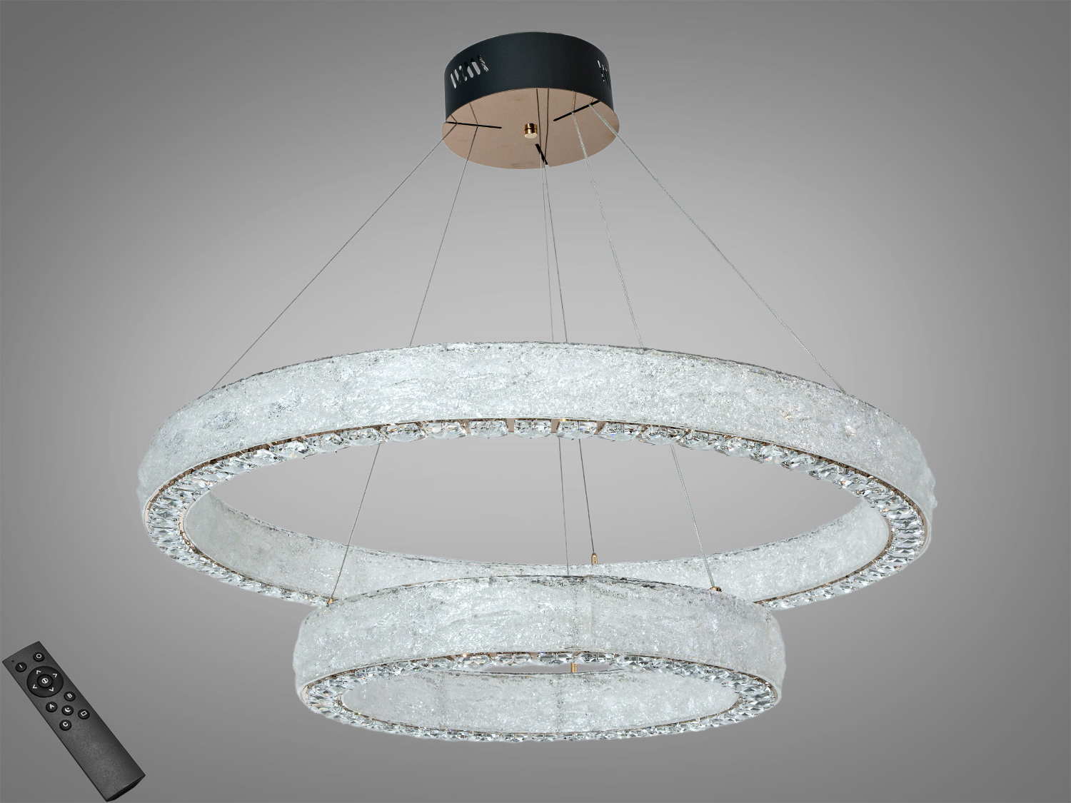 Підвісна світлодіодна люстра з двома кільцями, оснащена дистанційним керуванням, підходить для сучасних інтер′єрів.
