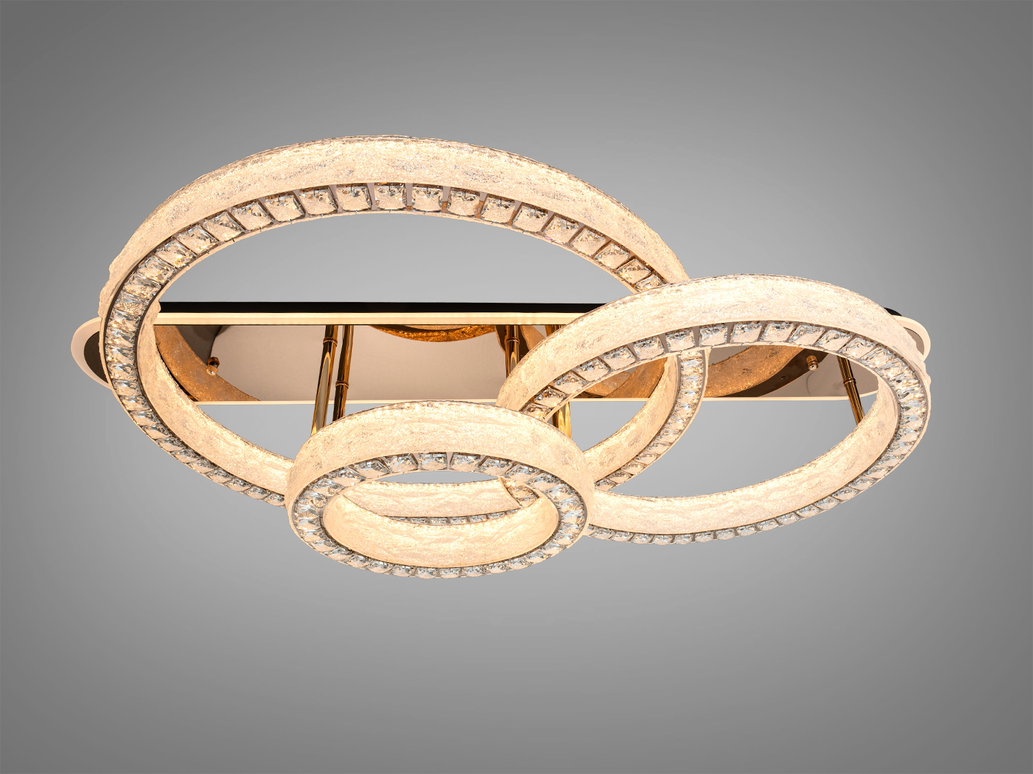 Світильник з трьома кільцями із акрилу, що світяться, внизу із кристалами, для монтажу на стелі, з можливістю зміни інтенсивності світла.