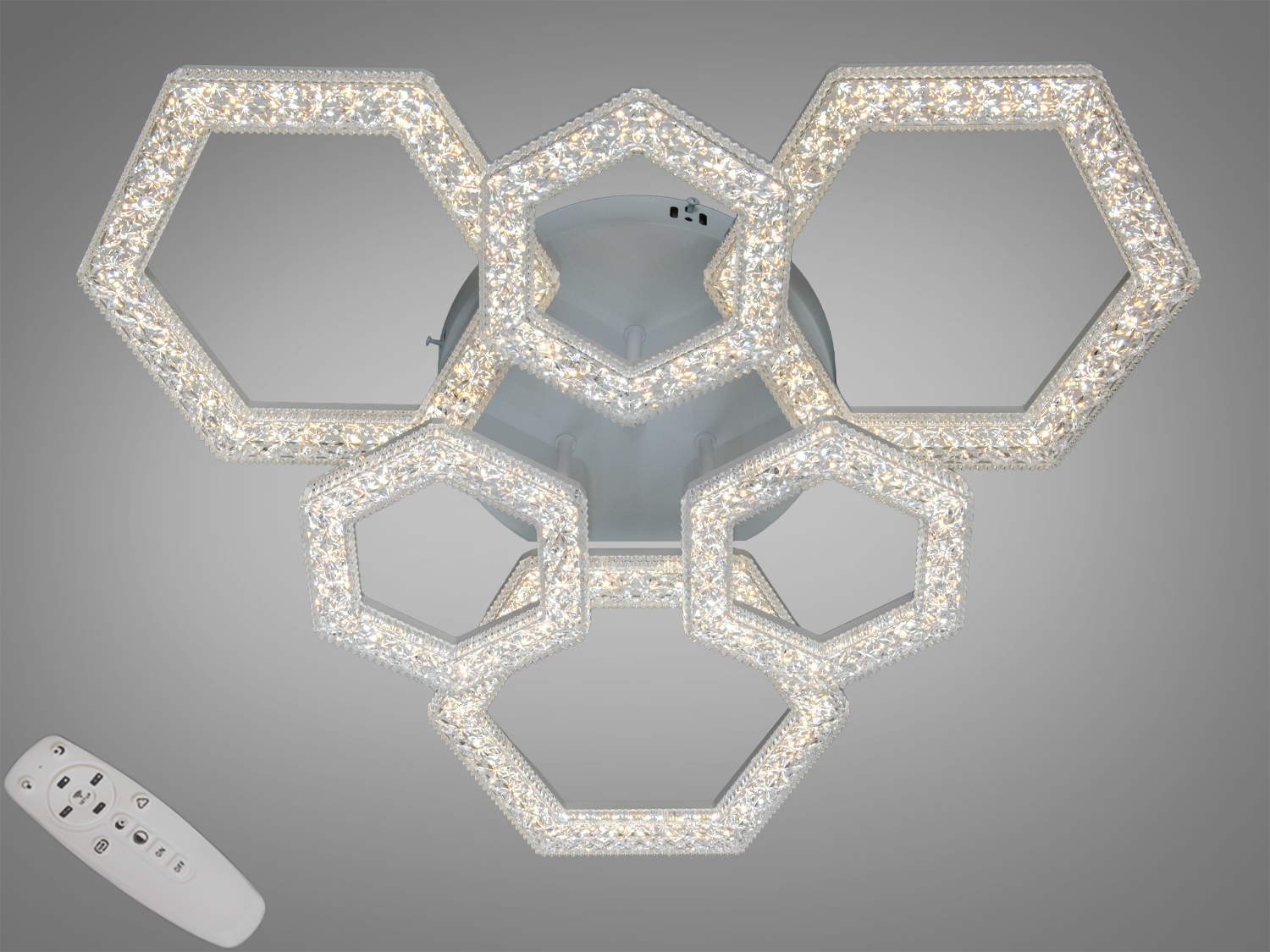 Біла стельова LED люстра 75 W із 6 модулями та пультом. Регулювання яскравості, рівномірне освітлення площі до 13 м², метал + акрил.