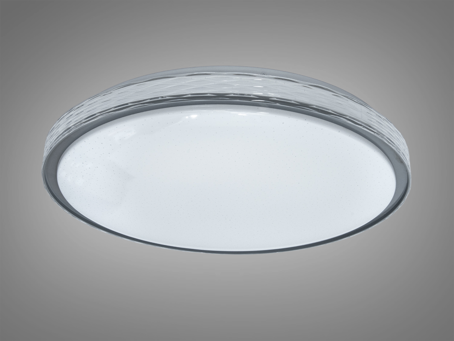 Кругла світлодіодна стельова люстра Diasha, 85 Вт, для кімнат до 15 м². Біла з сірою вставкою, рівномірне світло, керування від настінного вимикача.