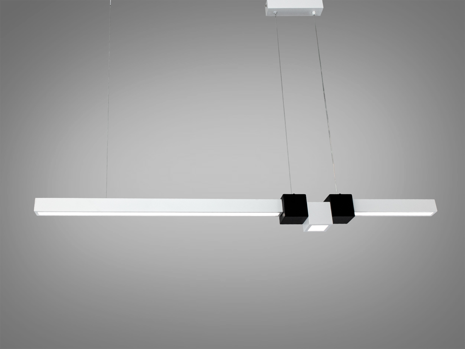 Лінійний підвісний LED-світильник, 28 Вт, білий з чорними акцентами. Освітлює до 5 м², керування — настінний вимикач. Підходить для кухні, робочих зон та офісу.