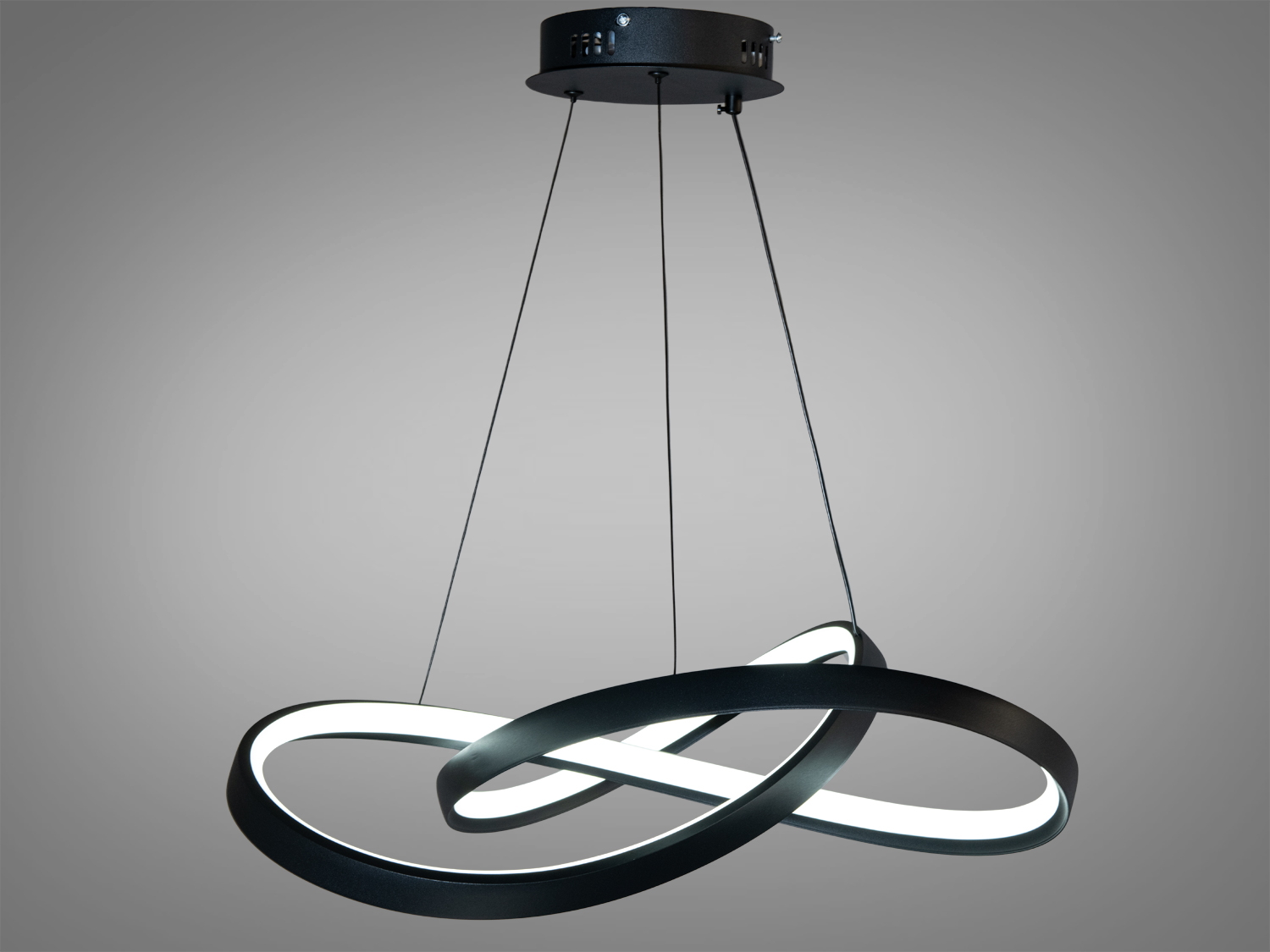 Стильний підвісний світильник з чорного металу, форма нескінченності, світлодіоди, підходить для мінімалістичних просторів.
