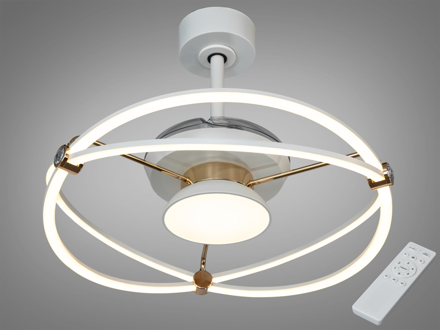 Стельовий світильник із круглими LED-кільцями, що забезпечують м′яке освітлення. В комплекті пульт дистанційного керування.