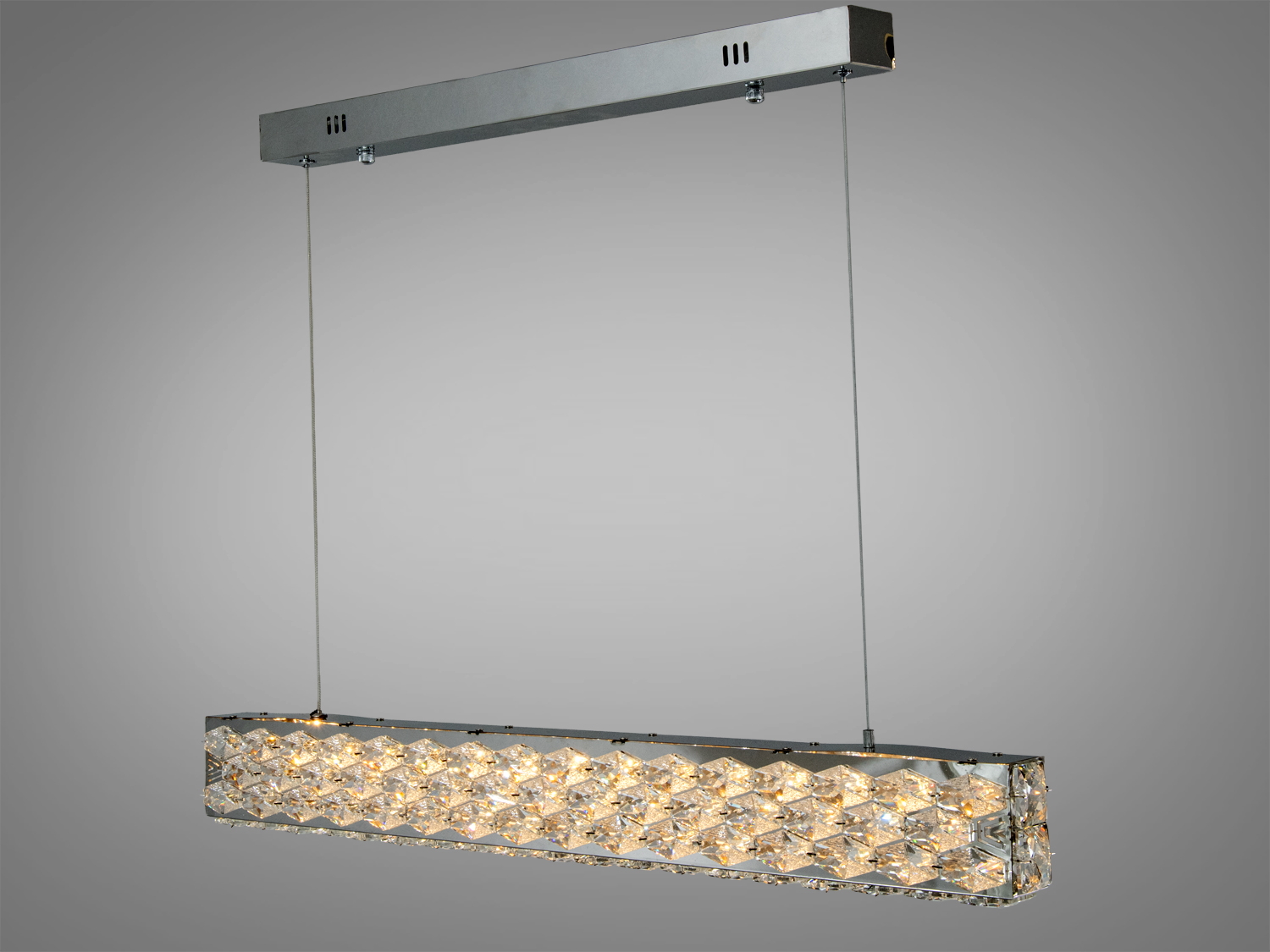 Прямокутний підвісний світильник з кришталевими вставками, металевий монтажний елемент, підходить для кухні.