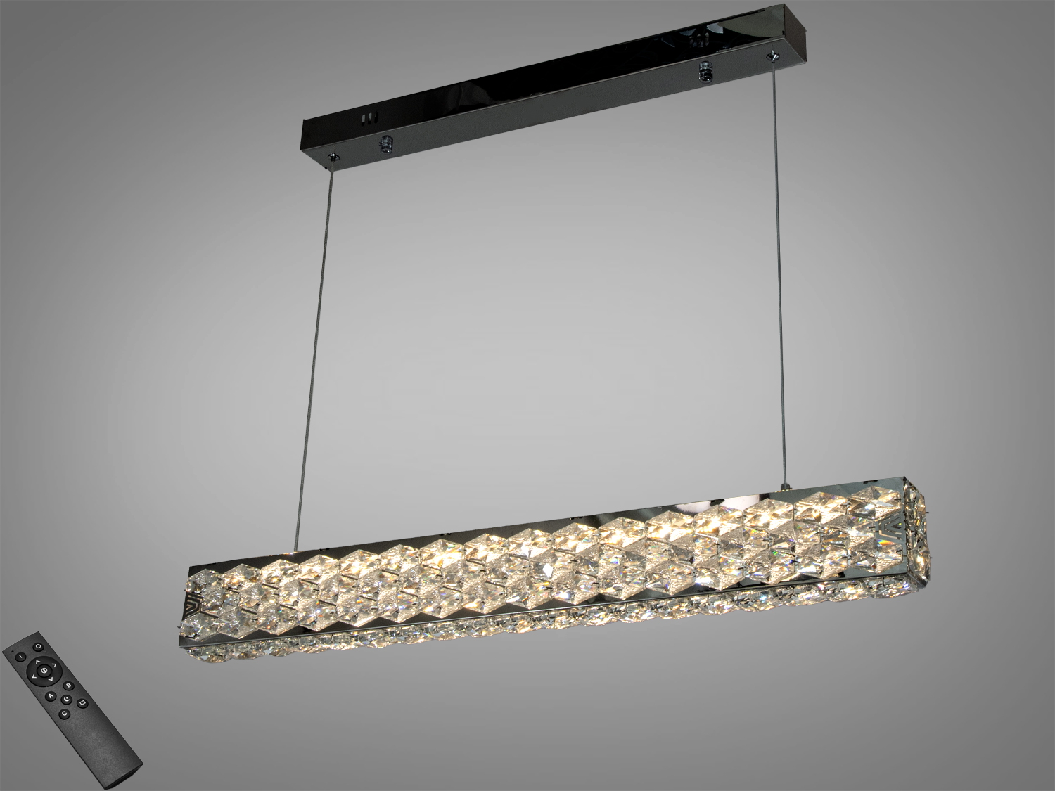 Кришталева LED-люстра підвіс у хромі, 68 Вт, пульт. Лінійна форма на двох тросах для зон до 12 м²: кухня, вітальня, обідній стіл.