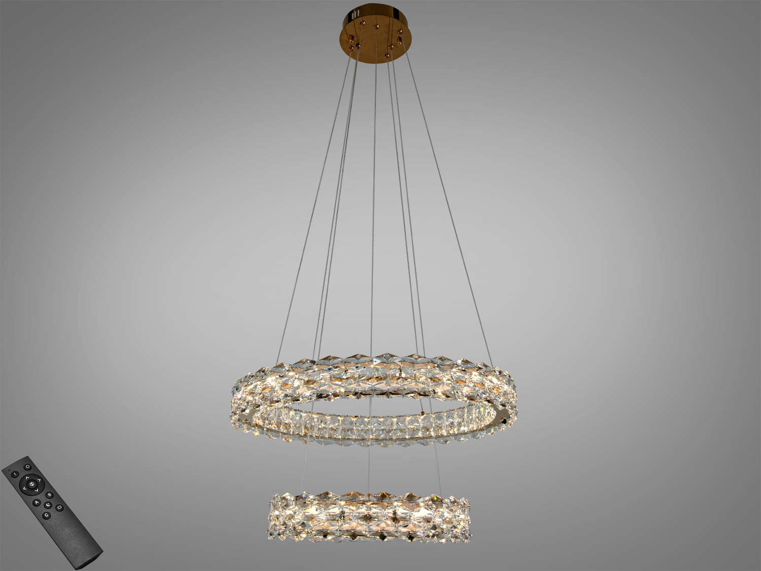 Підвісна люстра з двома кільцями, прикрашеними кристалами, з пультом дистанційного керування для регулювання яскравості світла.