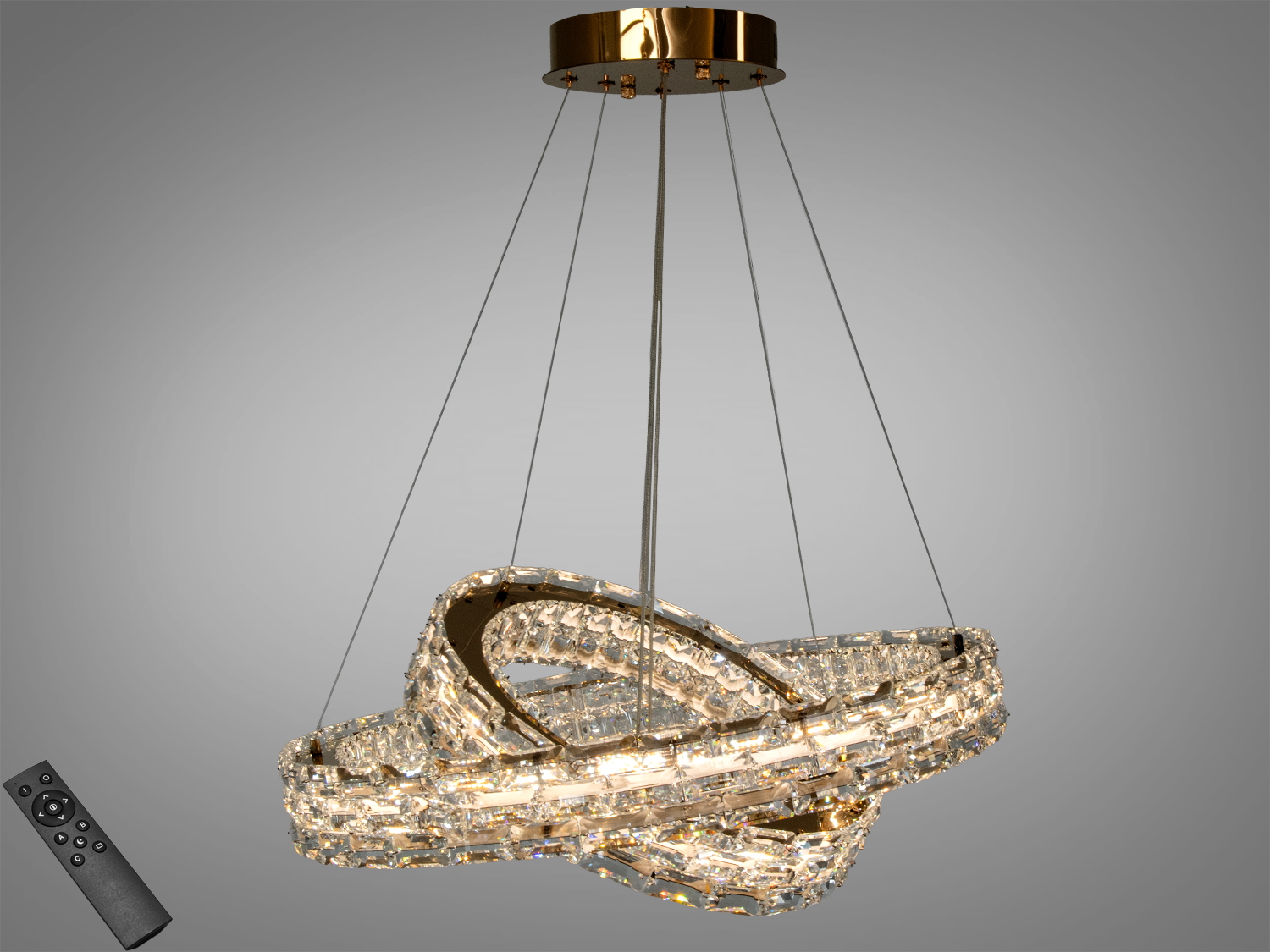 Кришталева LED-люстра Diasha 54 Вт у золоті з пультом і двома кільцями. Для площі до 9 м², регульована висота підвісу, яскраве й комфортне світло.