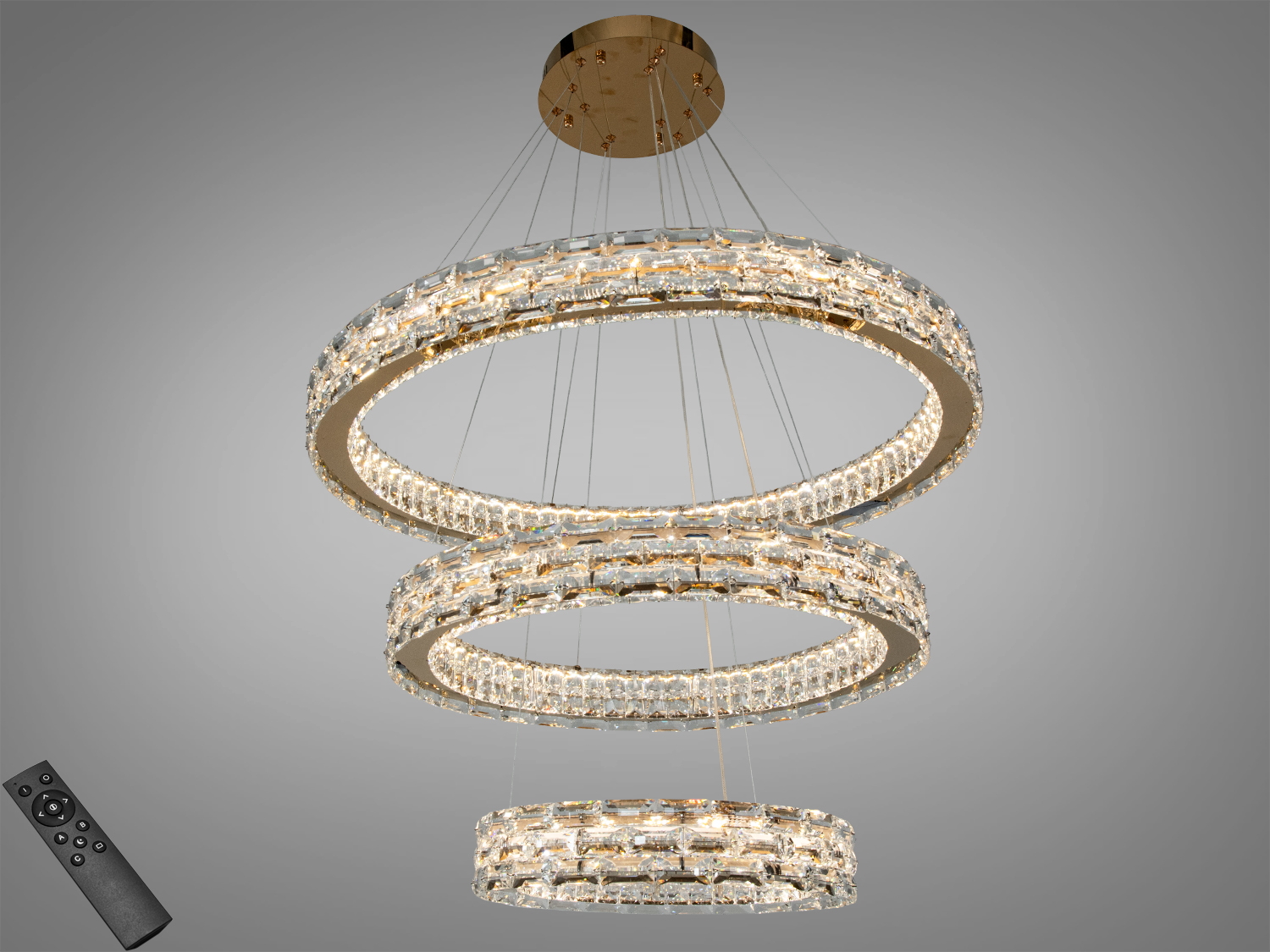 Підвісна кришталева LED люстра 98 Вт у кольорі золото з 3 кільцями та пультом для регулювання яскравості. Освітлення приміщень до близько 17 м².