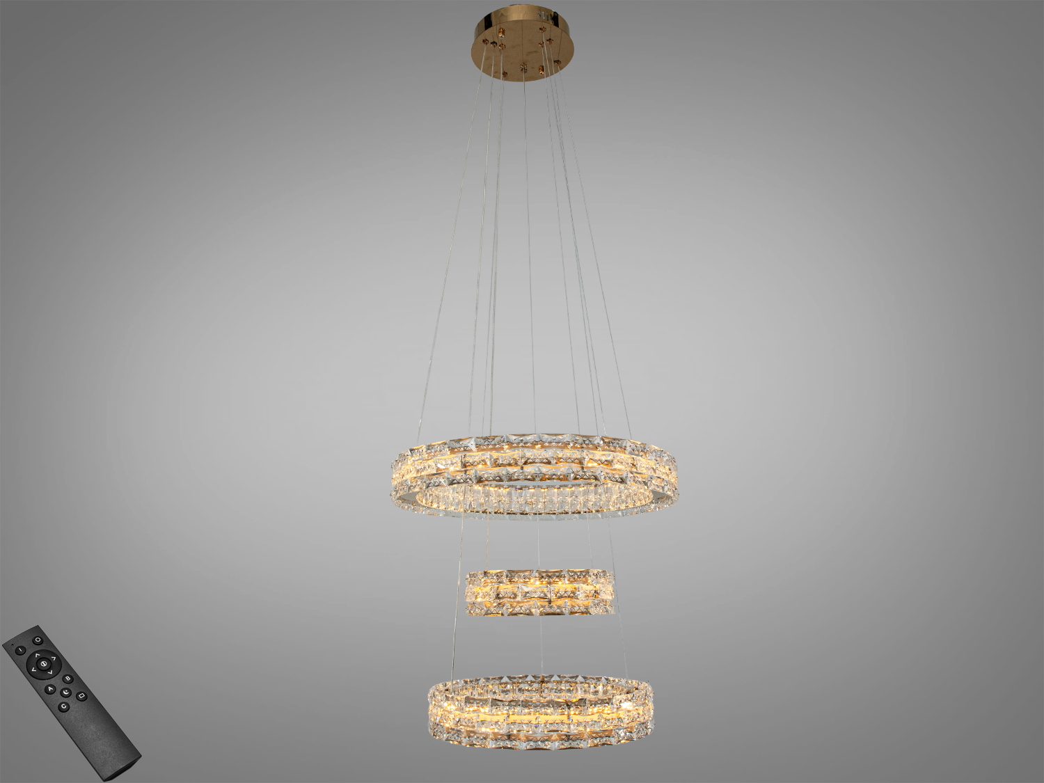 Підвісна кришталева люстра LED 70Вт, 3 кільця, золото, з пультом. Підходить для кімнат до ~12 м². Каскадний дизайн, тепле світло.
