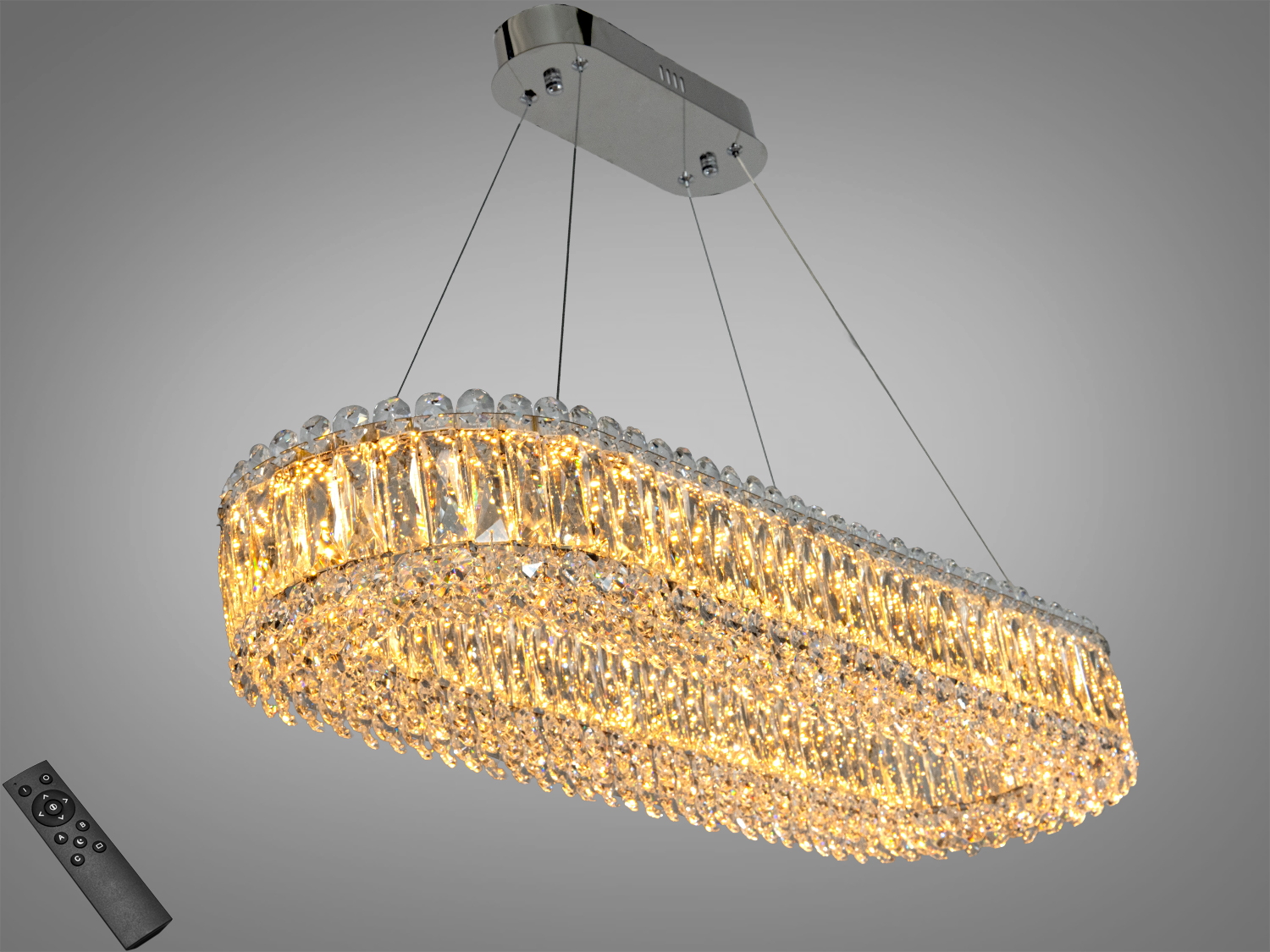 Підвісна люстра з кришталевими елементами, що випромінює тепле світло. Оснащена пультом для дистанційного керування.
