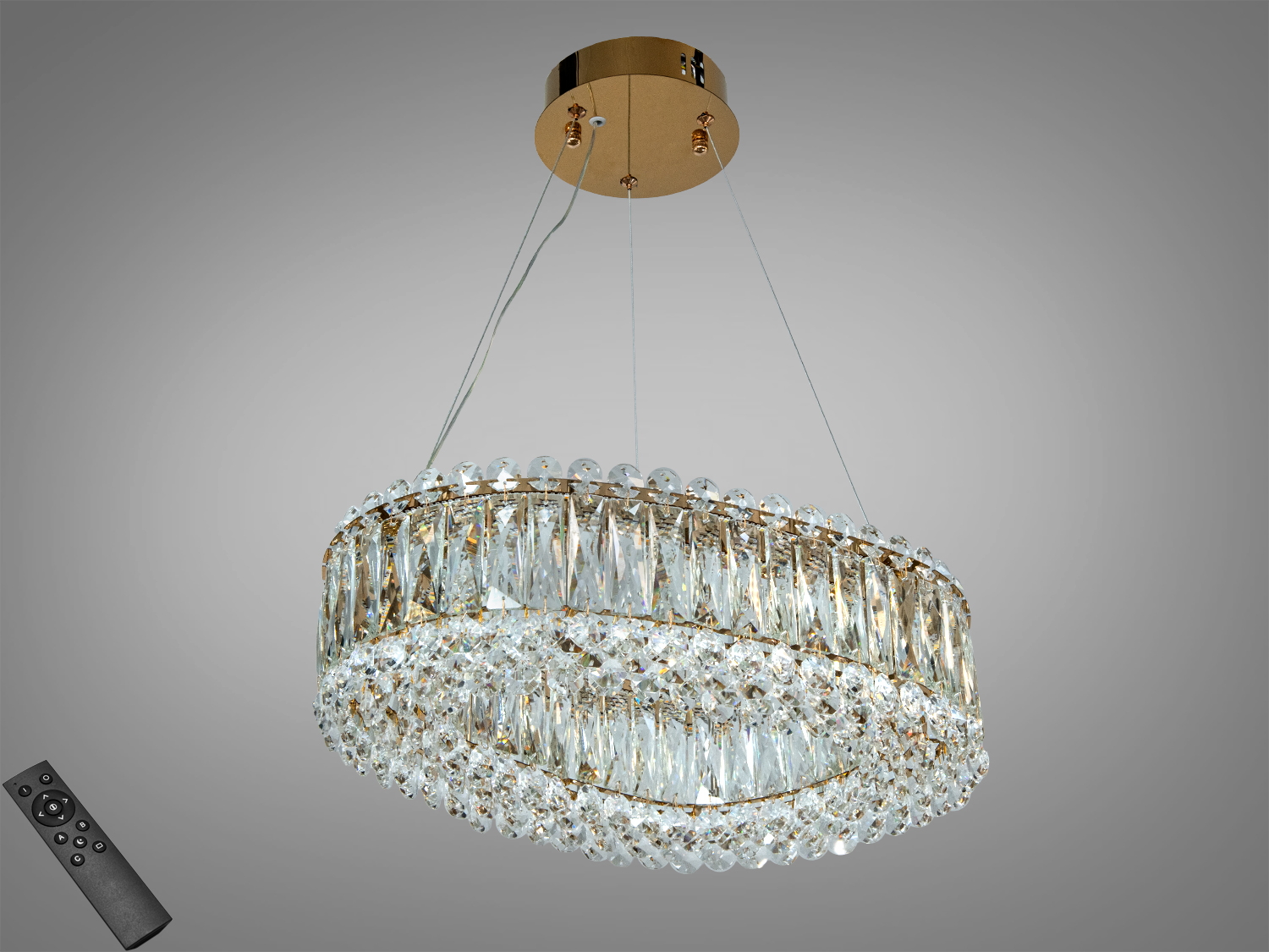 Кругла підвісна люстра з кришталевими елементами, оснащена дистанційним керуванням для зручного регулювання освітлення в інтер′єрі.
