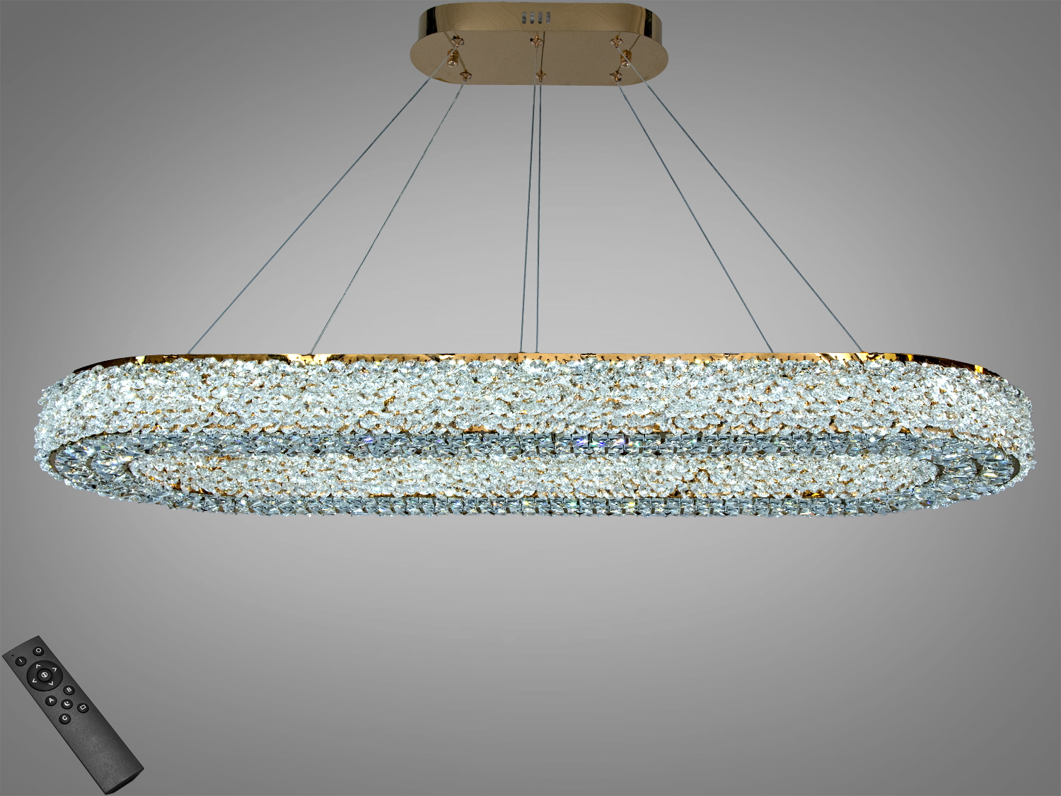 Світильник овальної форми з кришталевими елементами, підвісна конструкція. Призначений для сучасних інтер′єрів, з дистанційним керуванням.