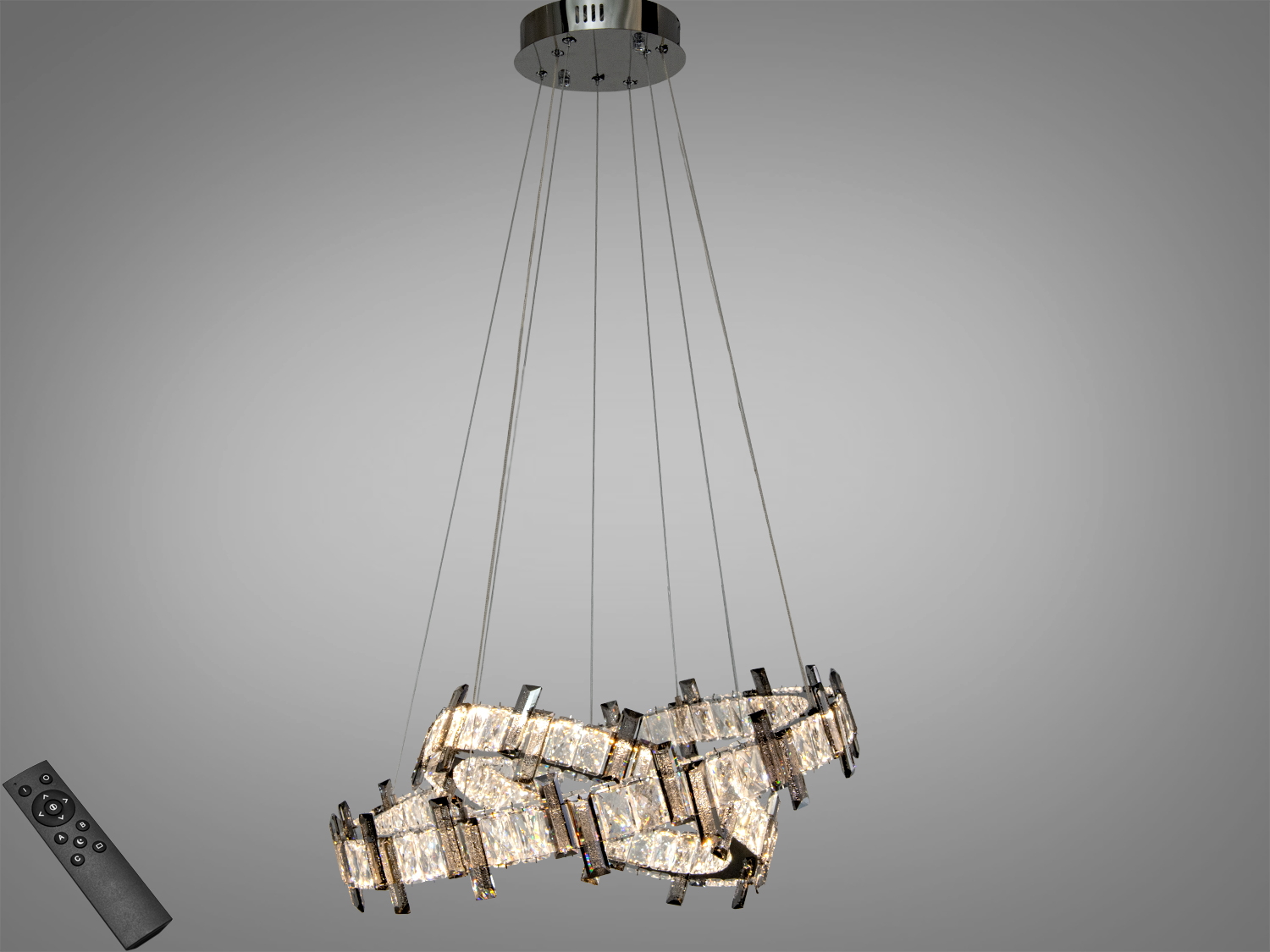 Підвісна кришталева LED-люстра Diasha 54 Вт у хромі з пультом та двома світловими модулями. Освітлення до ~9 м², регульована висота, сучасний дизайн із двох кілець.
