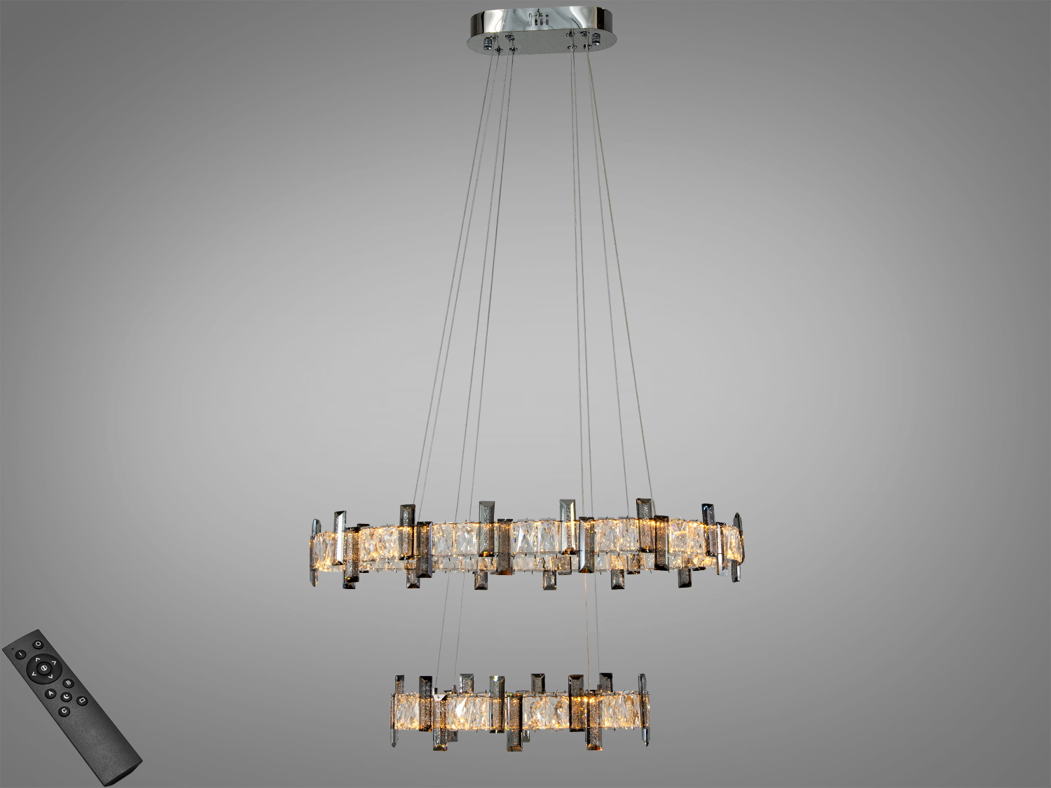 Підвісна кришталева люстра LED, хром, 46 Вт, два світлові модулі та пульт ДК. Орієнтовно для площі до 8 м², кругла форма з каскадними кристалами.