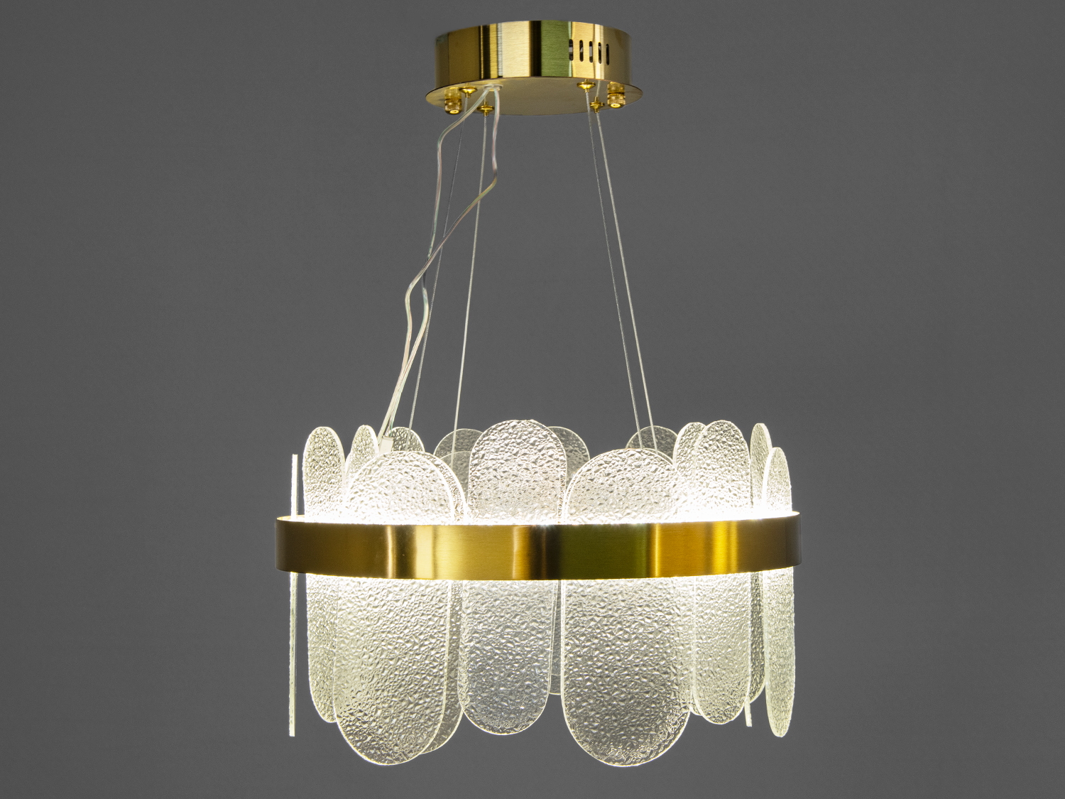 Підвісна люстра з прозорими скляними елементами овальної форми та золотистим металевим обідком, підходить для сучасного інтер′єру.