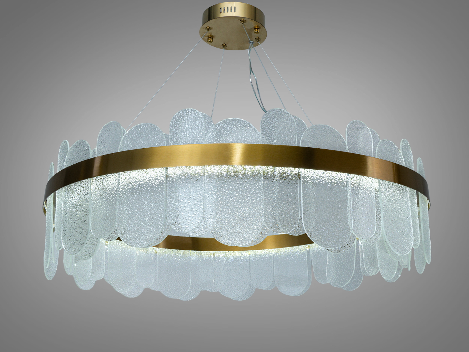 Кришталева LED люстра у золоті, 165 Вт, 9075 лм. Три температури світла 3200К/4100К/6500К, керування настінним вимикачем, регульована висота. Для приміщень до ≈28 м².