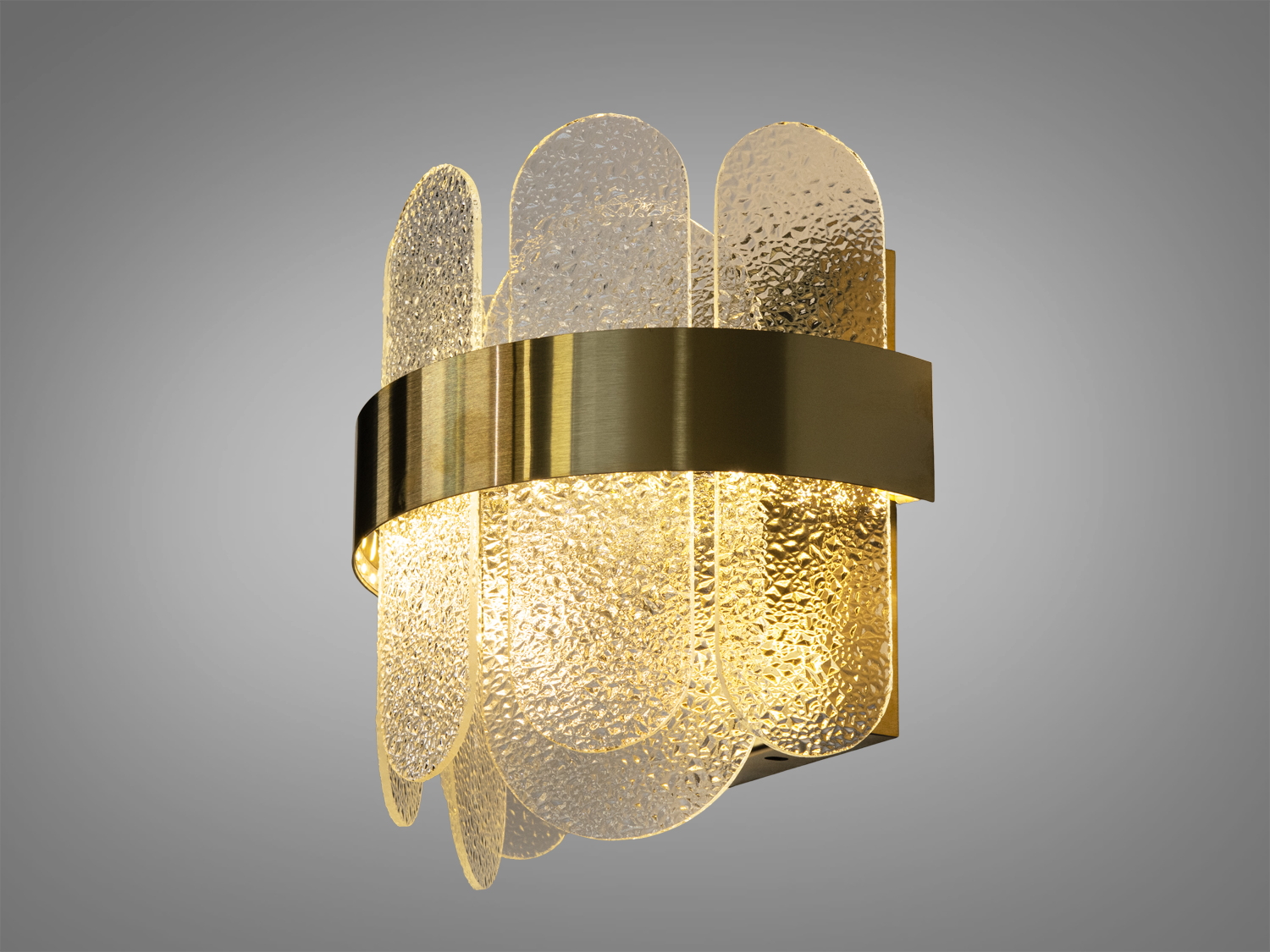 Настінний світильник з округлими скляними панелями та металевим обідком, підходить для спальні.