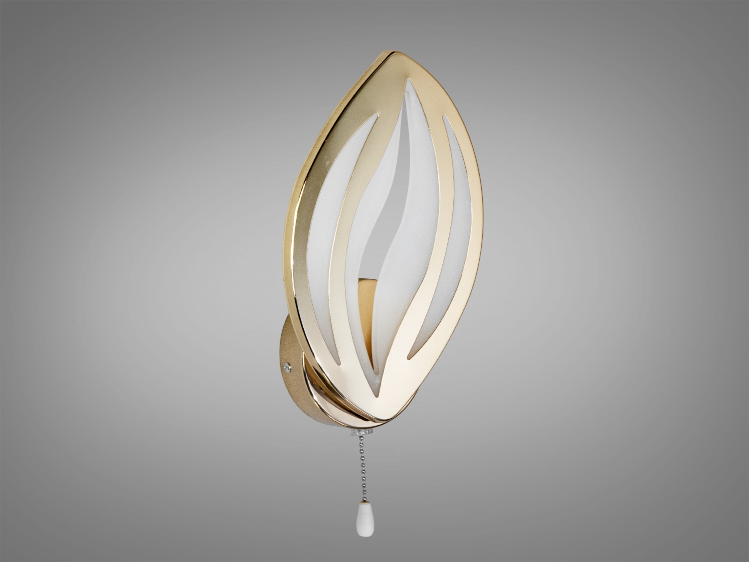 Декоративний настінний світильник із золотистим покриттям, має форму листка. Вмикається за допомогою ланцюжка, ідеальний для вітальні.
