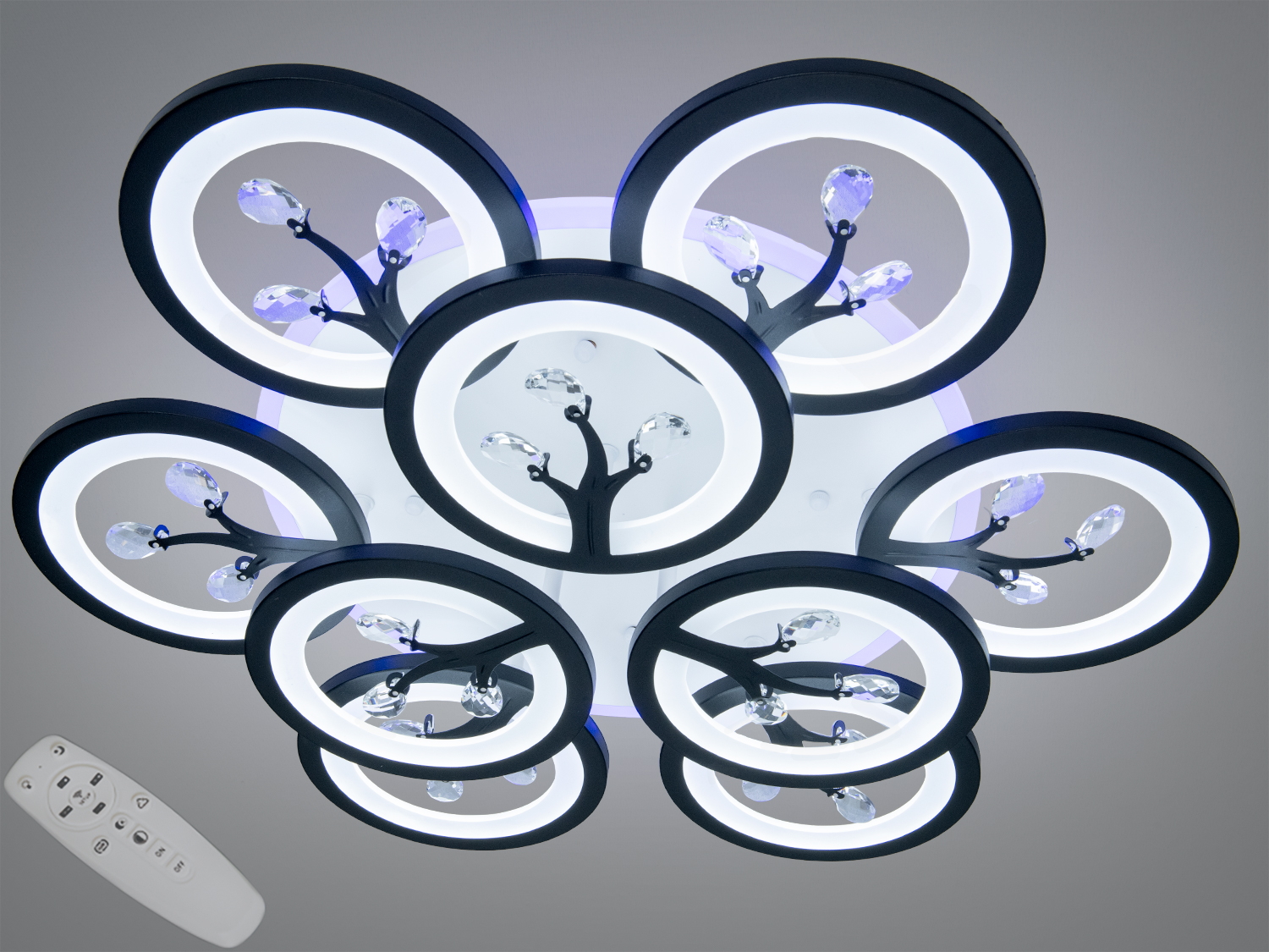 Стельова LED люстра, чорна, 140Вт, 9 кілець. Пульт, димер, підсвітка основи, 3 відтінки білого. Підходить для кімнат до ~24 м².