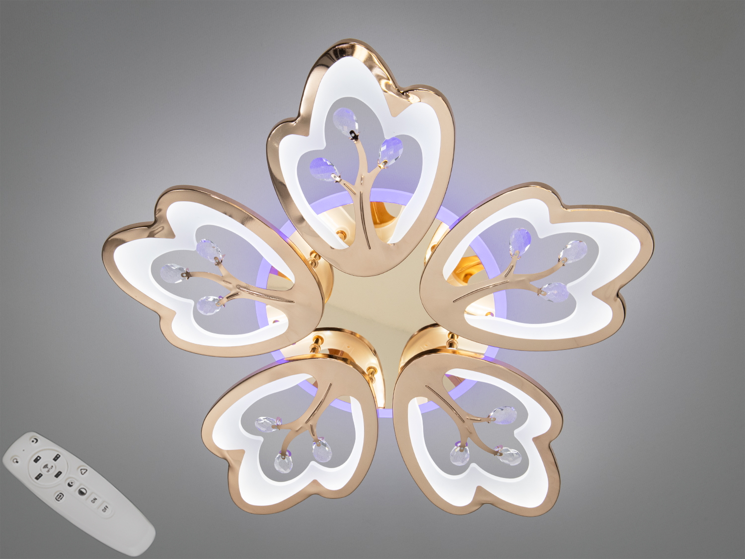 Стельова LED люстра з пультом, 90 Вт, золото. 5 світлових модулів, триколірна підсвітка основи та димер. Підходить для приміщень до 12–15 м².