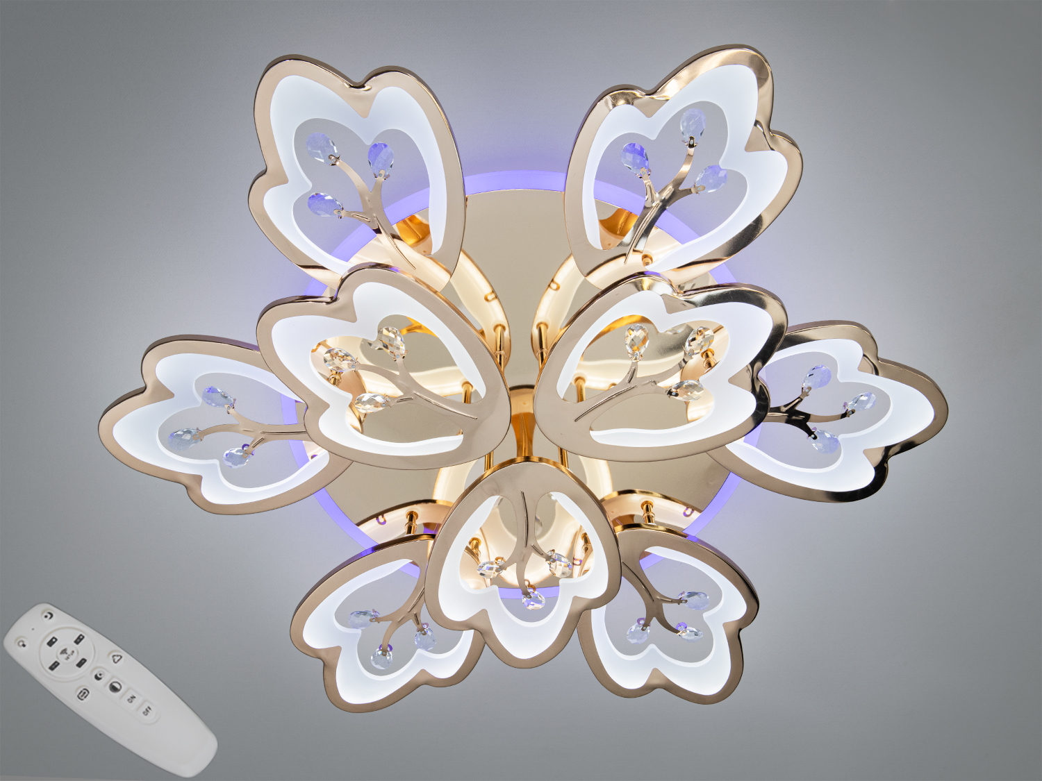 Світлодіодна стельова люстра Diasha золото: 185 Вт, 9 модулів, пульт, триколірна підсвітка основи. Підходить для кімнат до 31 м² у сучасному стилі.