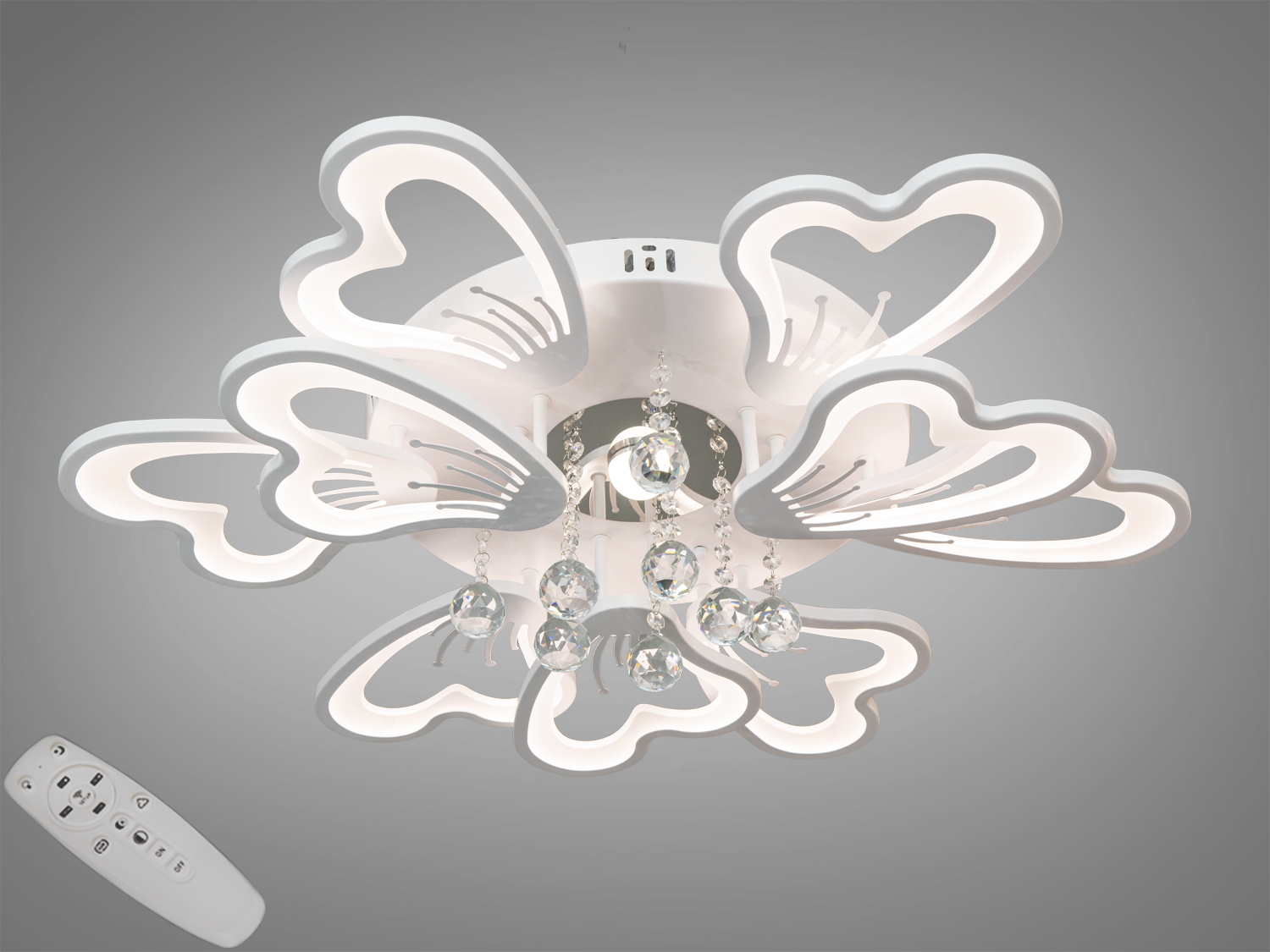 Стельова LED люстра 6+3 пелюсток у білому кольорі з пультом і димером. 135 Вт для орієнтовно 23 м², акрилові розсіювачі, низький профіль та декоративні підвіси.