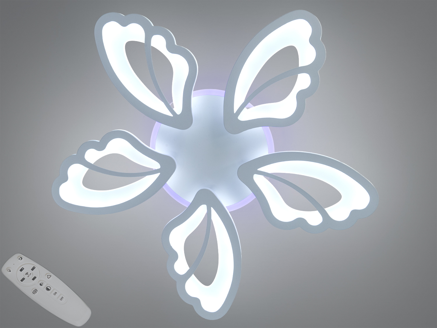 Стельова LED люстра-квітка, 80 Вт, з пультом і димером та підсвіткою основи. Освітлення до ~14 м². Білий колір, 5 світлових модулів.