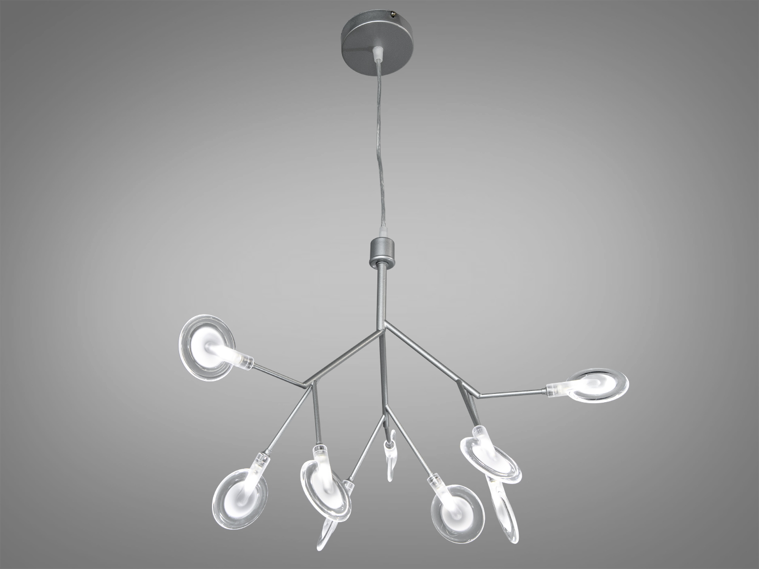 Підвісний світильник з металевою конструкцією та круглими скляними плафонами, що імітують форми гілок, для сучасного інтер′єру.