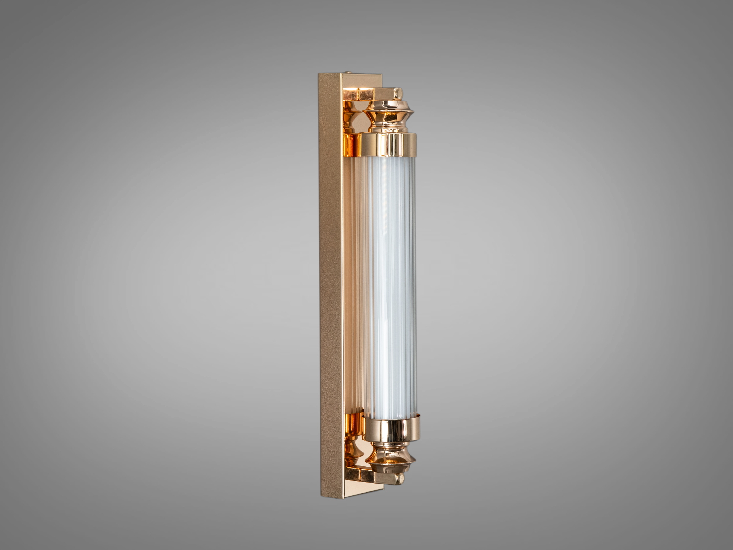Бра з вертикальними прозорими трубками, що випромінюють світло, та металевою основою. Ідеально для освітлення коридорів.