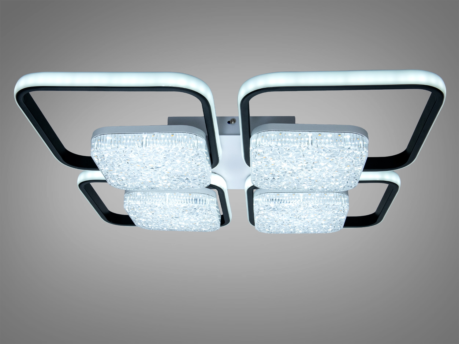 Стельовий світильник із чотирма квадратними елементами, чорні рамки, LED підсвітка, підходить для сучасного інтер′єру, дистанційне керування.