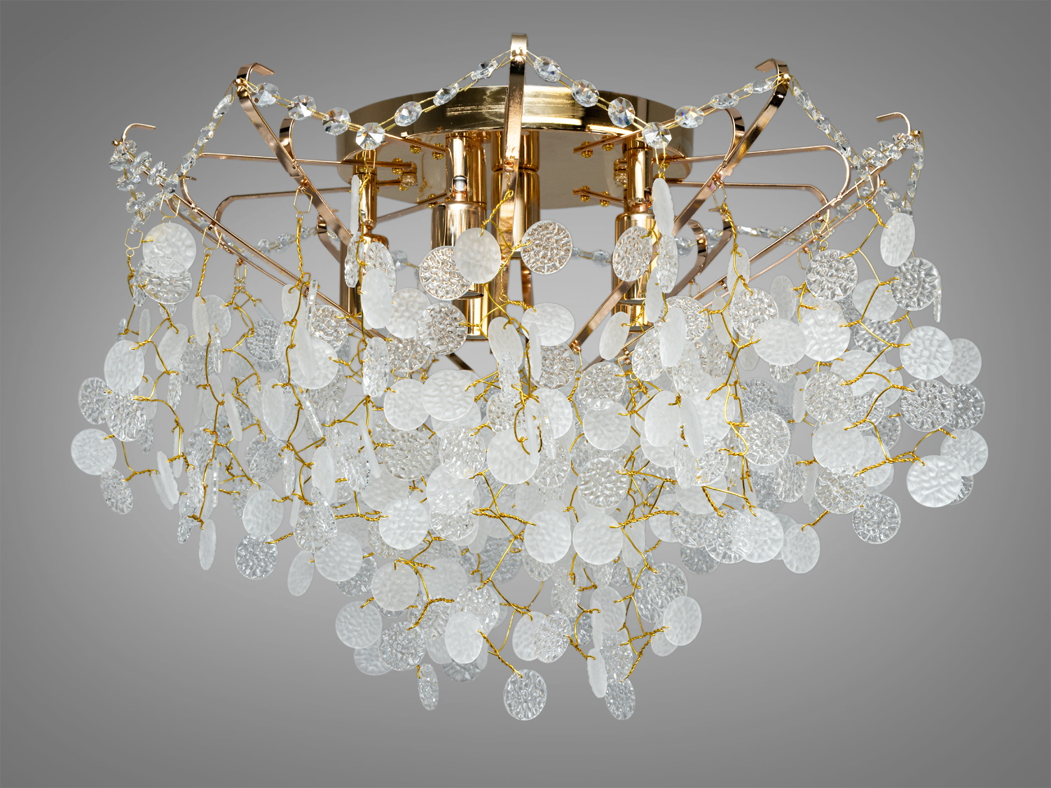 Стельова кришталева люстра золото з 6 патронами E14 для кімнат до 12 м². Метал і кришталь, кріплення на монтажну планку, керування настінним вимикачем. Є варіант у хромі.