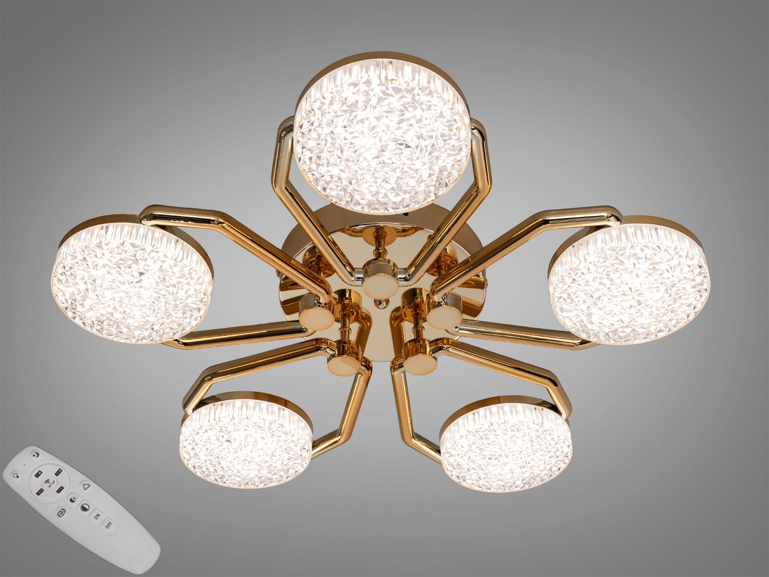 Стельова LED люстра 54 Вт у чорному кольорі з пультом, димуванням і регулюванням тону світла. Чотири гексагональні модулі для площі до близько 10 м².