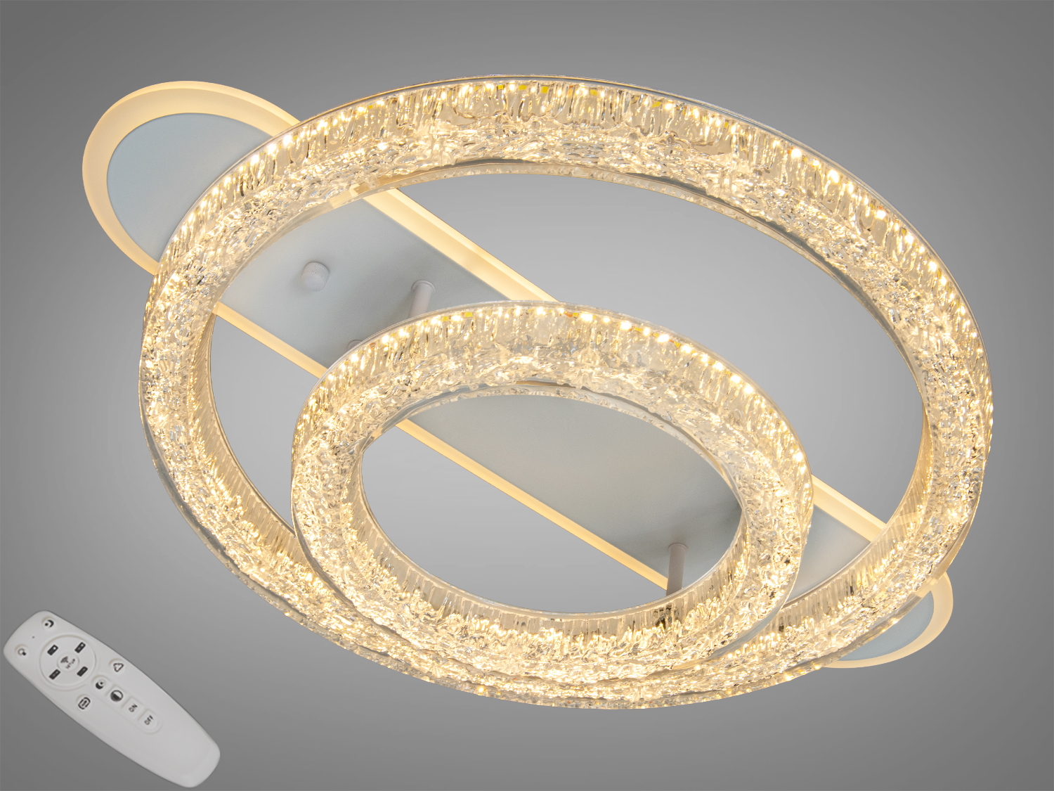 Біла стельова LED люстра з 2 кільцями та пультом, 80 W. Рекомендована для кімнат до 14 м², накладний монтаж, м’яке рівномірне світло.