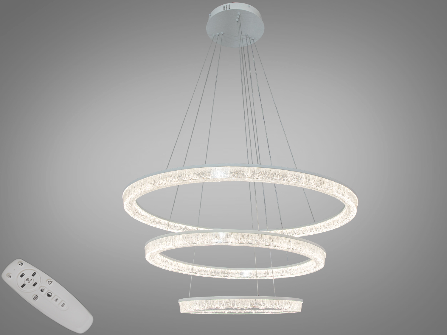 Підвісна світлодіодна люстра 3 кільця 148 Вт з пультом. Білий колір, прозорі розсіювачі, підходить для кімнат до 25 м², сучасний дизайн.