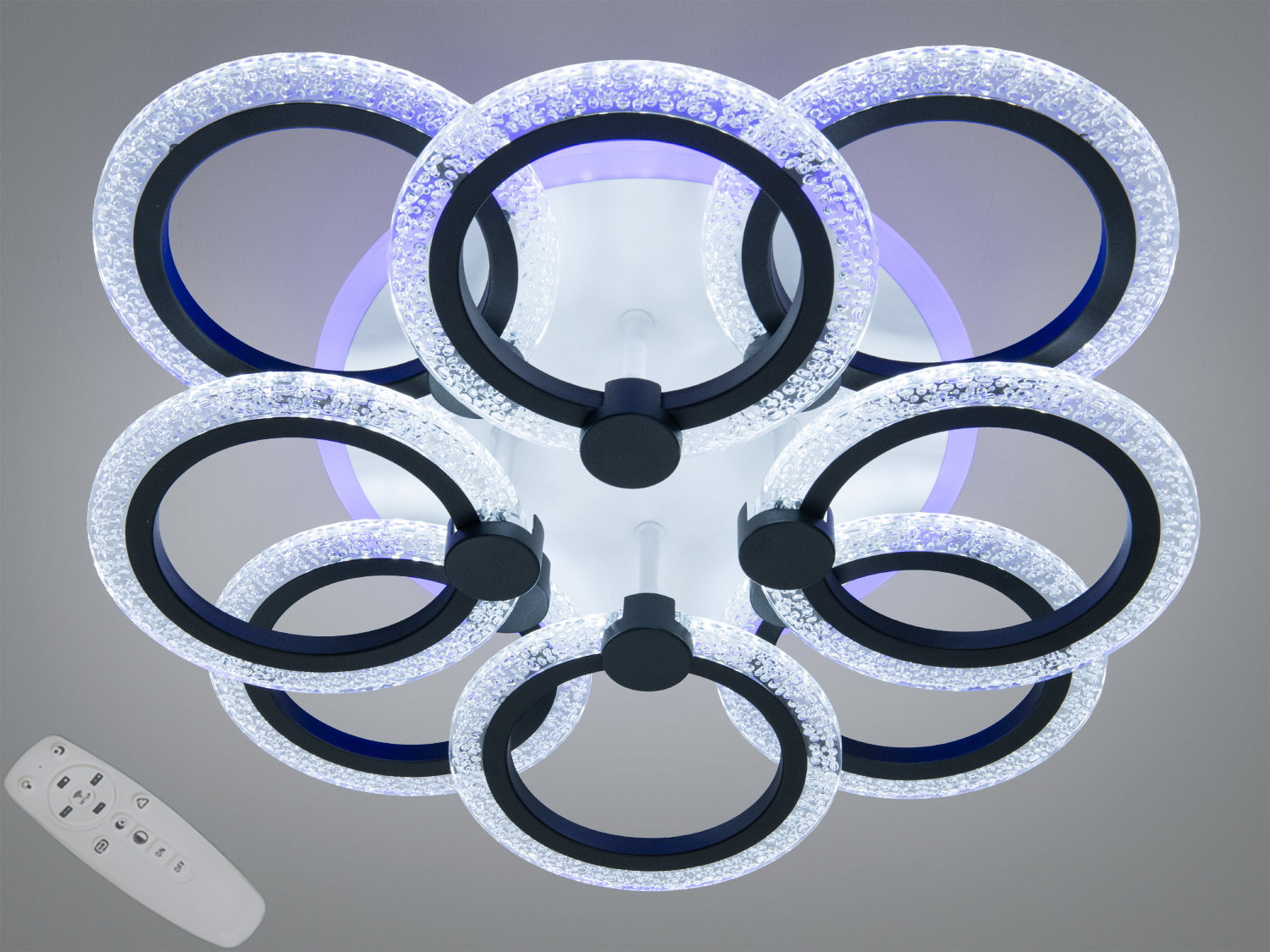 Світлодіодна стельова люстра Diasha, 92 W, 8 кілець, чорна. Пульт, димер і тепле/нейтральне/холодне світло, підсвітка основи для кімнат до ~16 м².