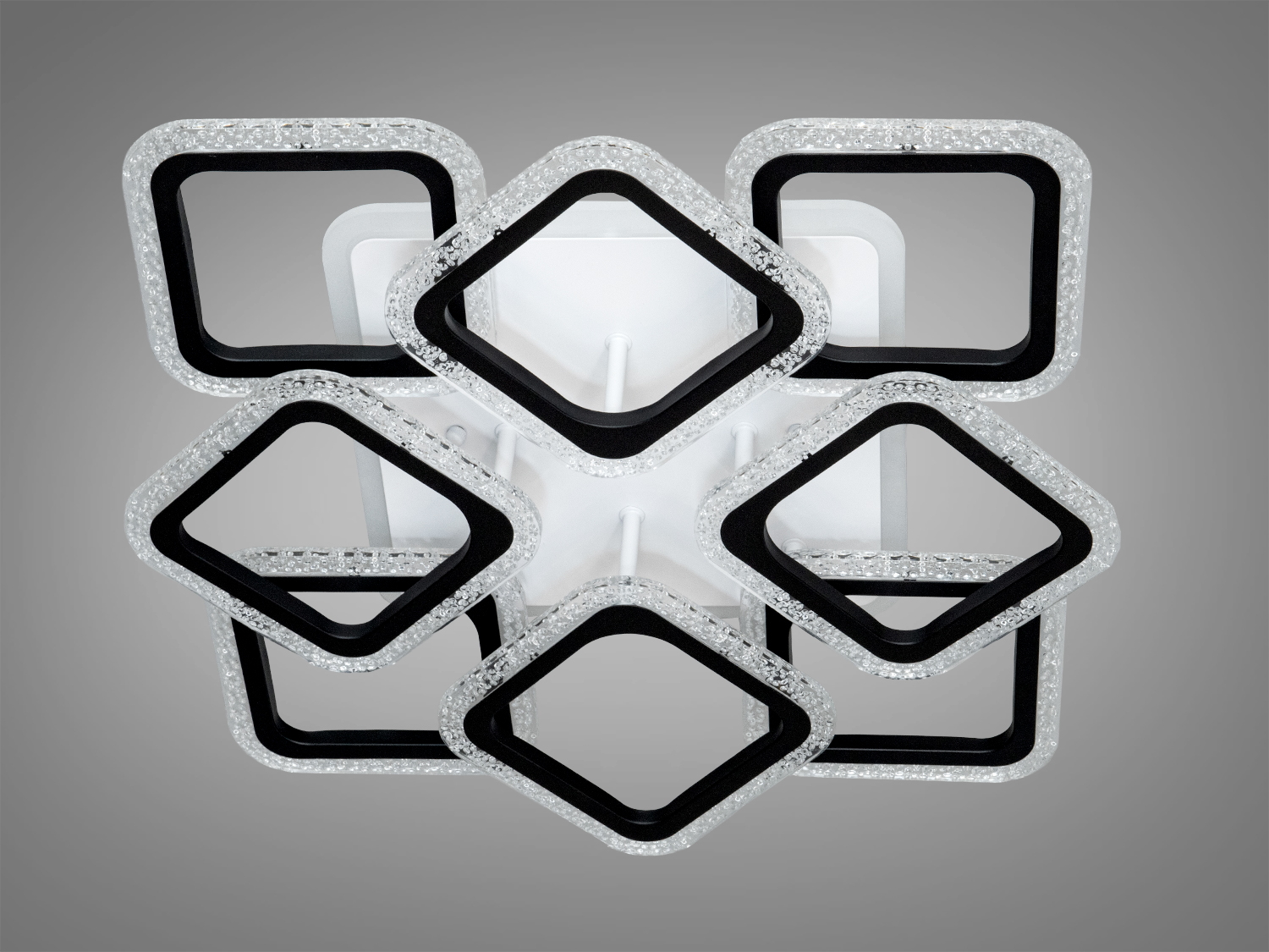 Стельовий світильник із шістьма квадратними рамками, що мають текстуровані краї. Ідеальний для сучасних просторів.