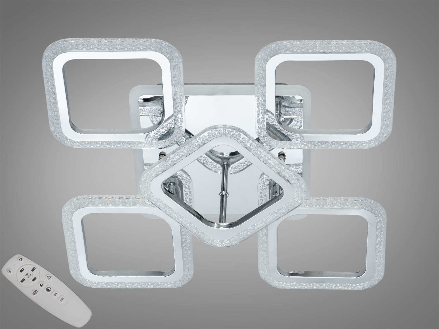 Стельова LED-люстра 70 Вт у хромі з пультом і триколірною підсвіткою основи. 5 модулів з кристалами, для приміщень до 12 м², режими теплого/нейтрального/холодного світла.