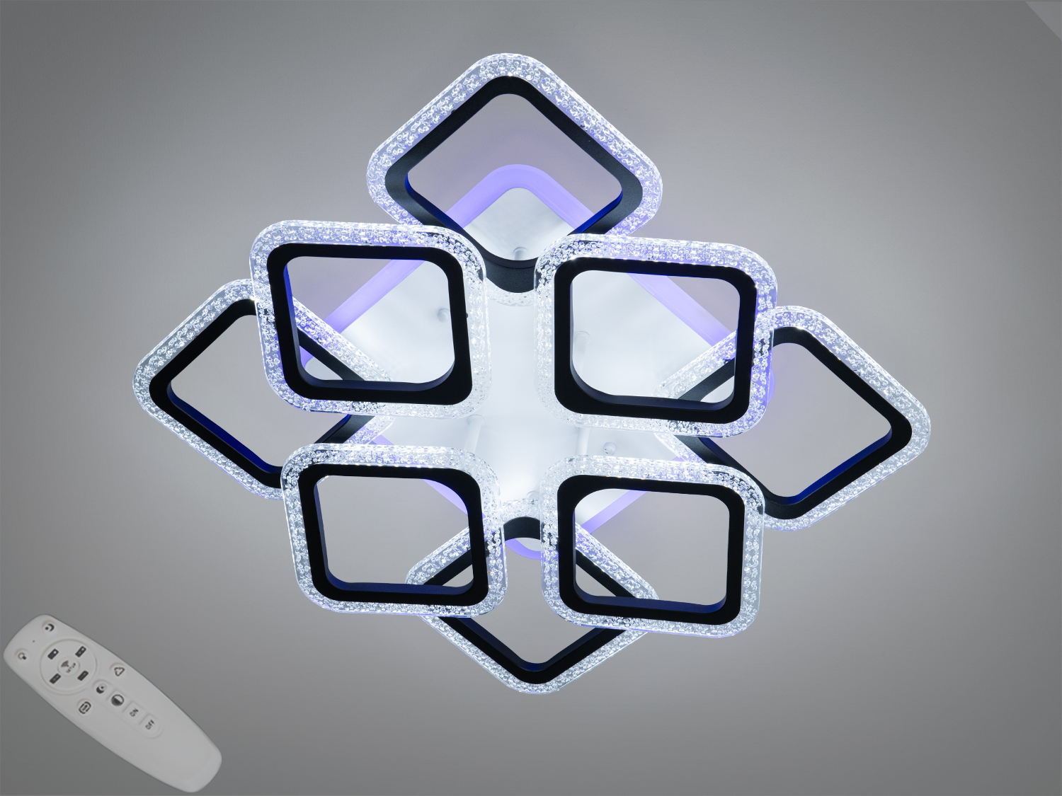 Чорна стельова LED-люстра 105 Вт з пультом, димером, CCT та декоративною підсвіткою. Підходить для кімнат до ~18 м², 8 модулів 4+4, низький профіль.