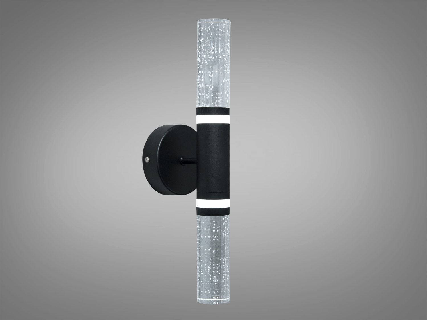 Настінний світильник з вертикальною орієнтацією, чорний корпус, прозорий абажур з бульбашками. Підходить для ванних кімнат.